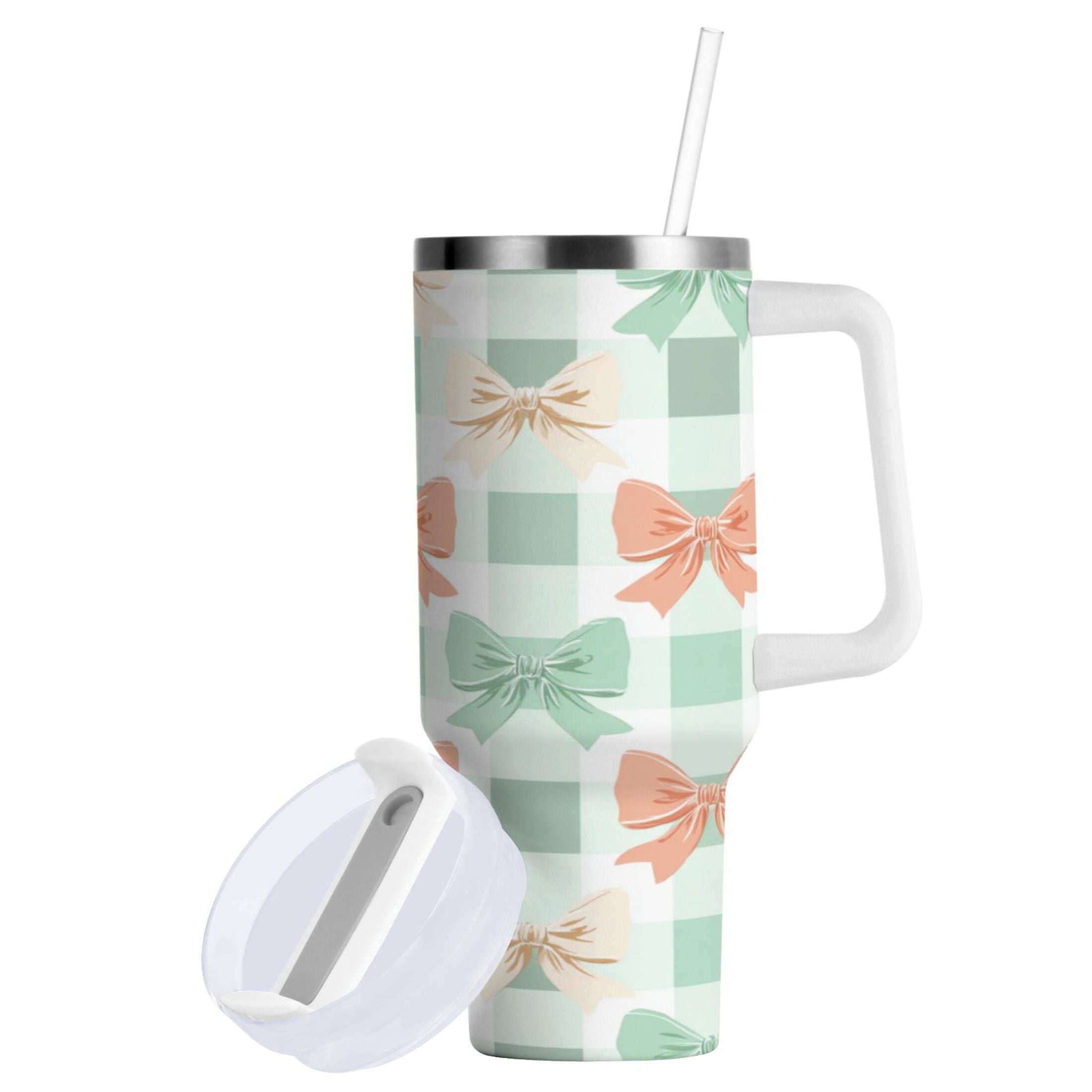 40 oz Insulated Stainless Steel Tumbler Double Wall Stainless Steel Tumbler with 2-Way Drinking Green and Peach Bow Pattern C544U