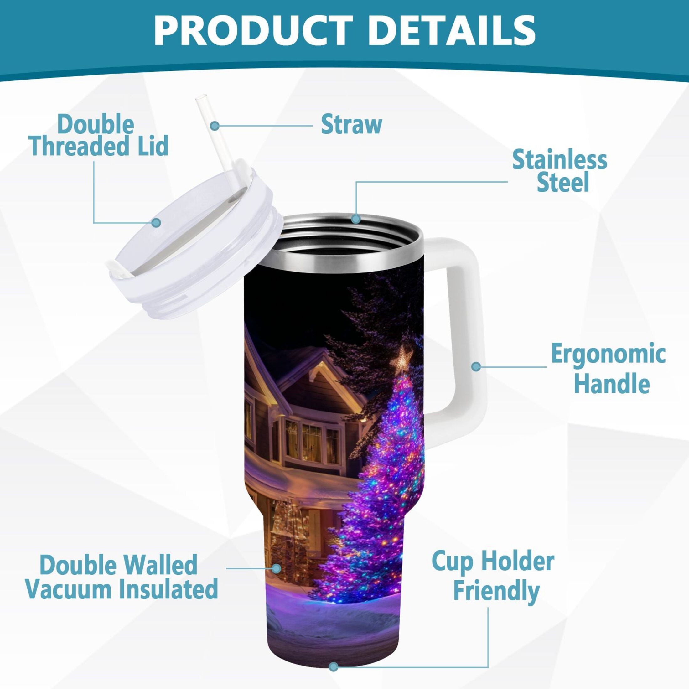 40 oz Insulated Stainless Steel Tumbler Double Wall Stainless Steel Tumbler with 2-Way Drinking Christmas Trees with Lights C664Z