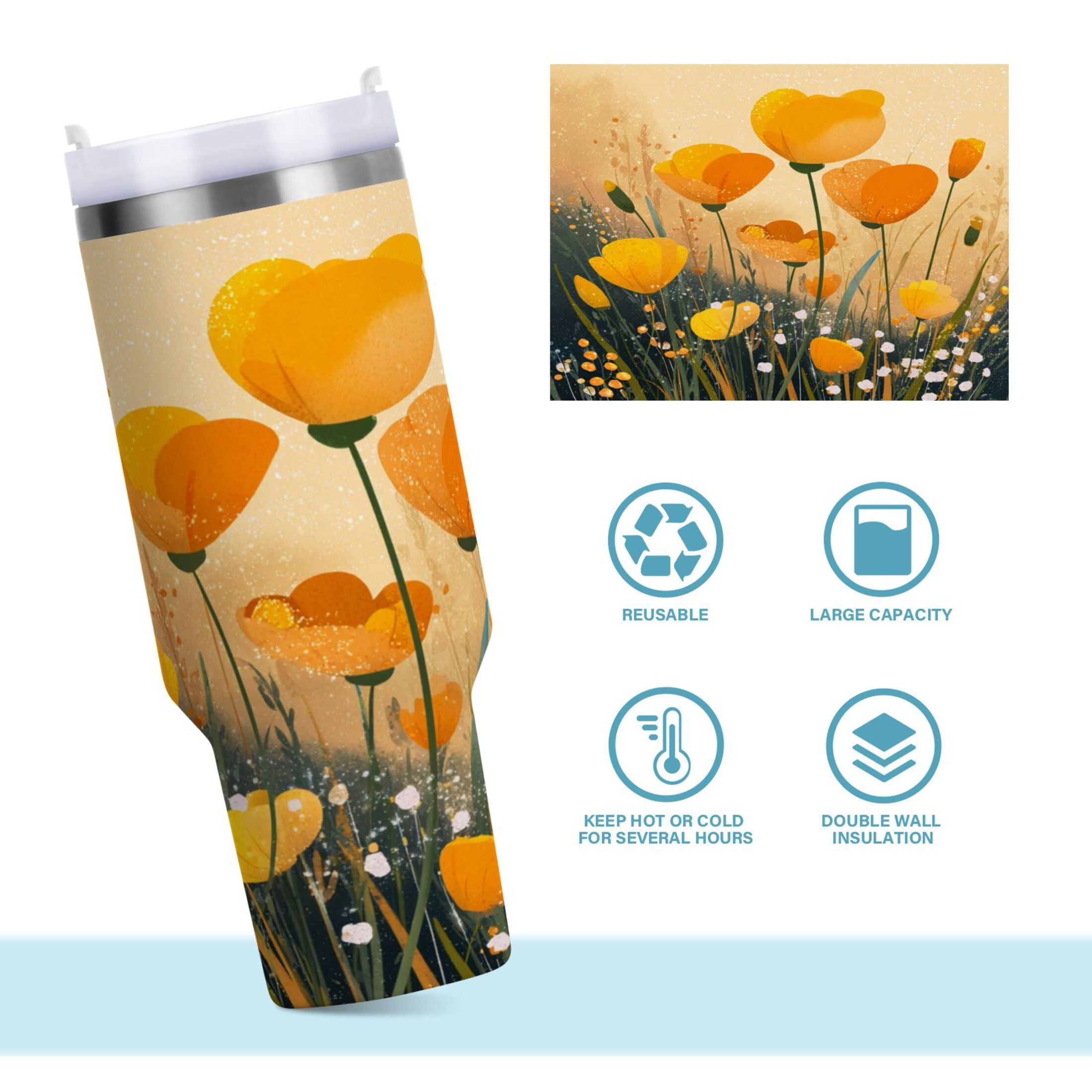 30 oz Insulated Stainless Steel Tumbler Double Wall Stainless Steel Tumbler with 2-Way Drinking Yellow Flowers on The Grass C594J