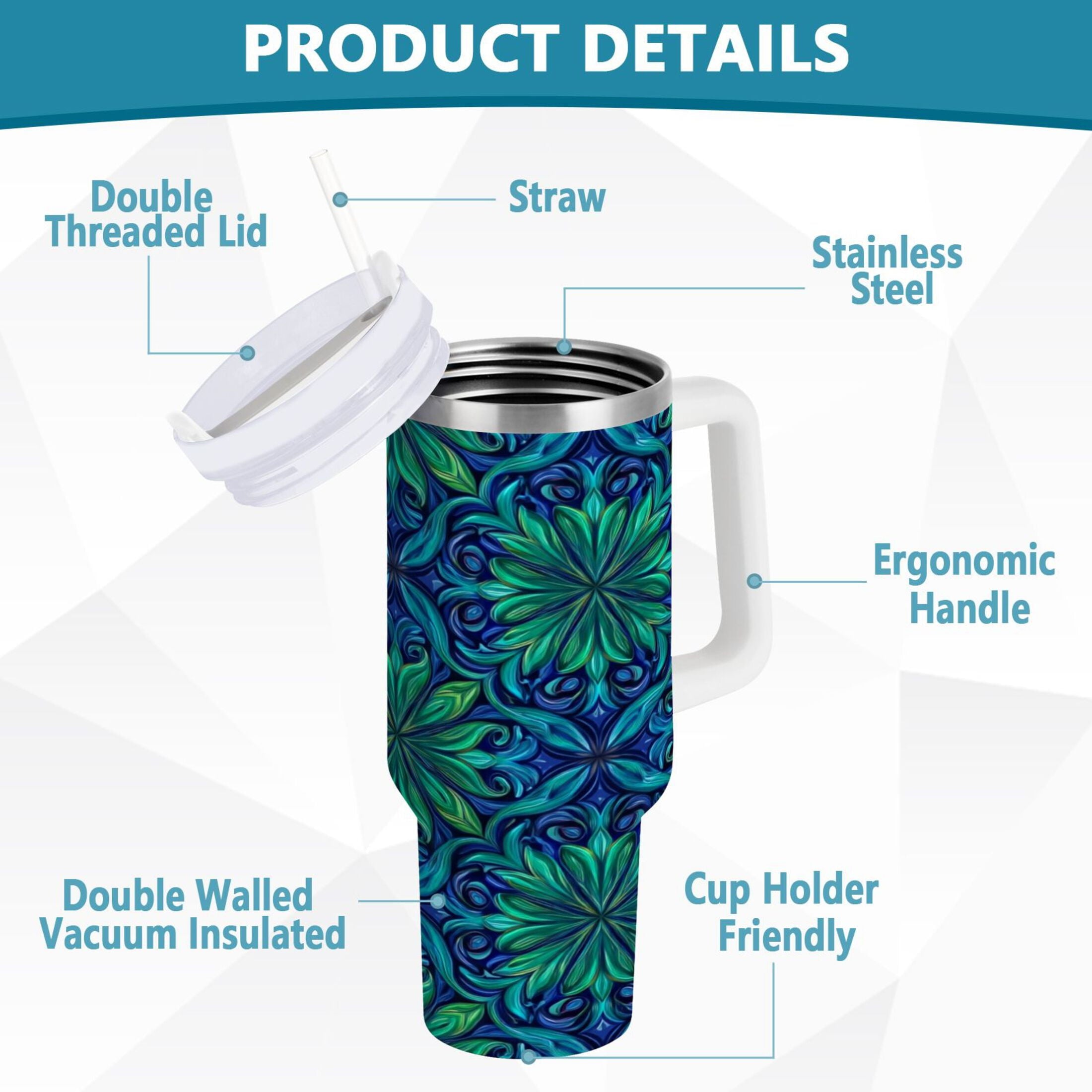 40 oz Insulated Stainless Steel Tumbler Double Wall Stainless Steel Tumbler with 2-Way Drinking Elegant Blue Traditional Patterns C603Q