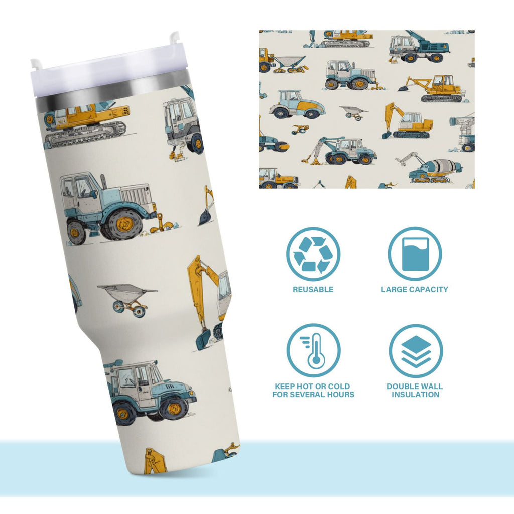 30 oz Insulated Stainless Steel Tumbler Double Wall Stainless Steel Tumbler with 2-Way Drinking Engineering Vehicle Pattern C653E