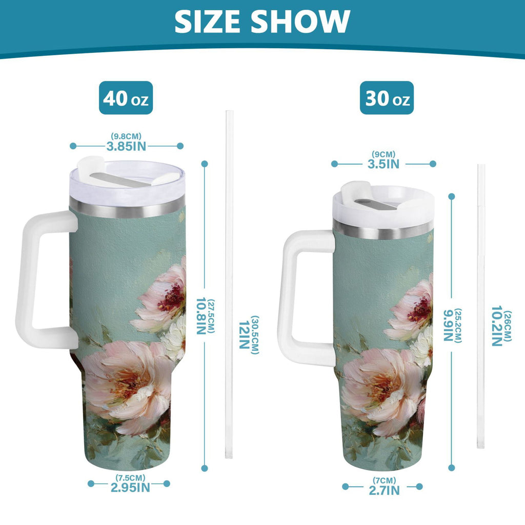40 oz Insulated Stainless Steel Tumbler Double Wall Stainless Steel Tumbler with 2-Way Drinking Vintage Peonies and Daisies C677V