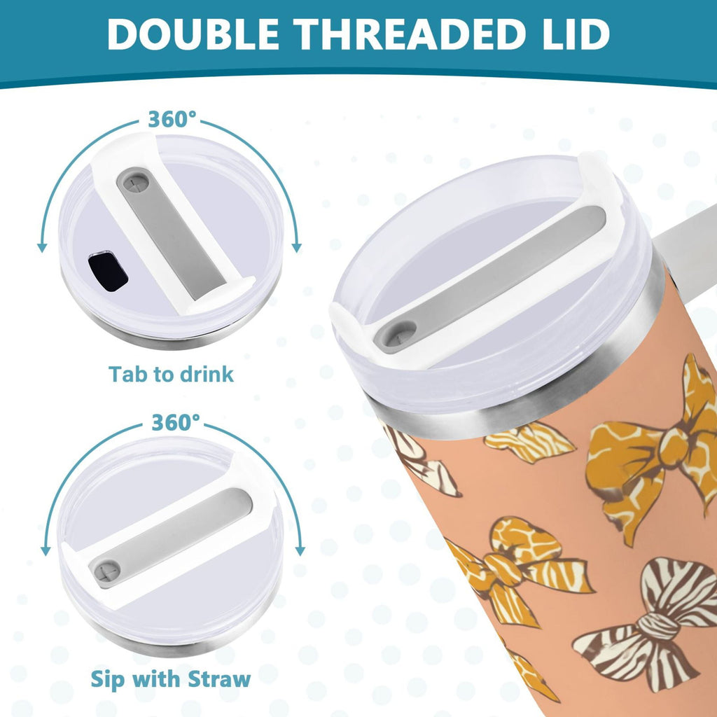 40 oz Insulated Stainless Steel Tumbler Double Wall Stainless Steel Tumbler with 2-Way Drinking Cute Animal Print Bows C678W