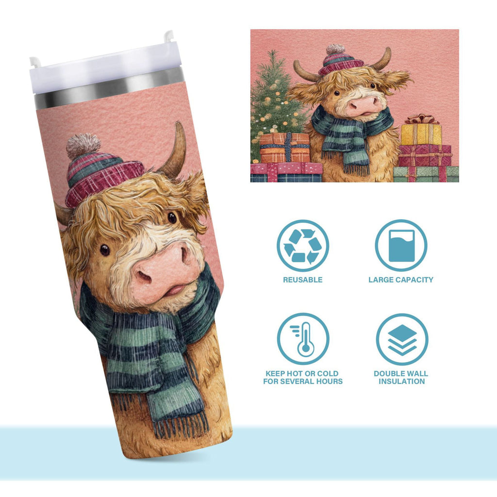30 oz Insulated Stainless Steel Tumbler Double Wall Stainless Steel Tumbler with 2-Way Drinking Cow Wearing Scarf and Hat C663M