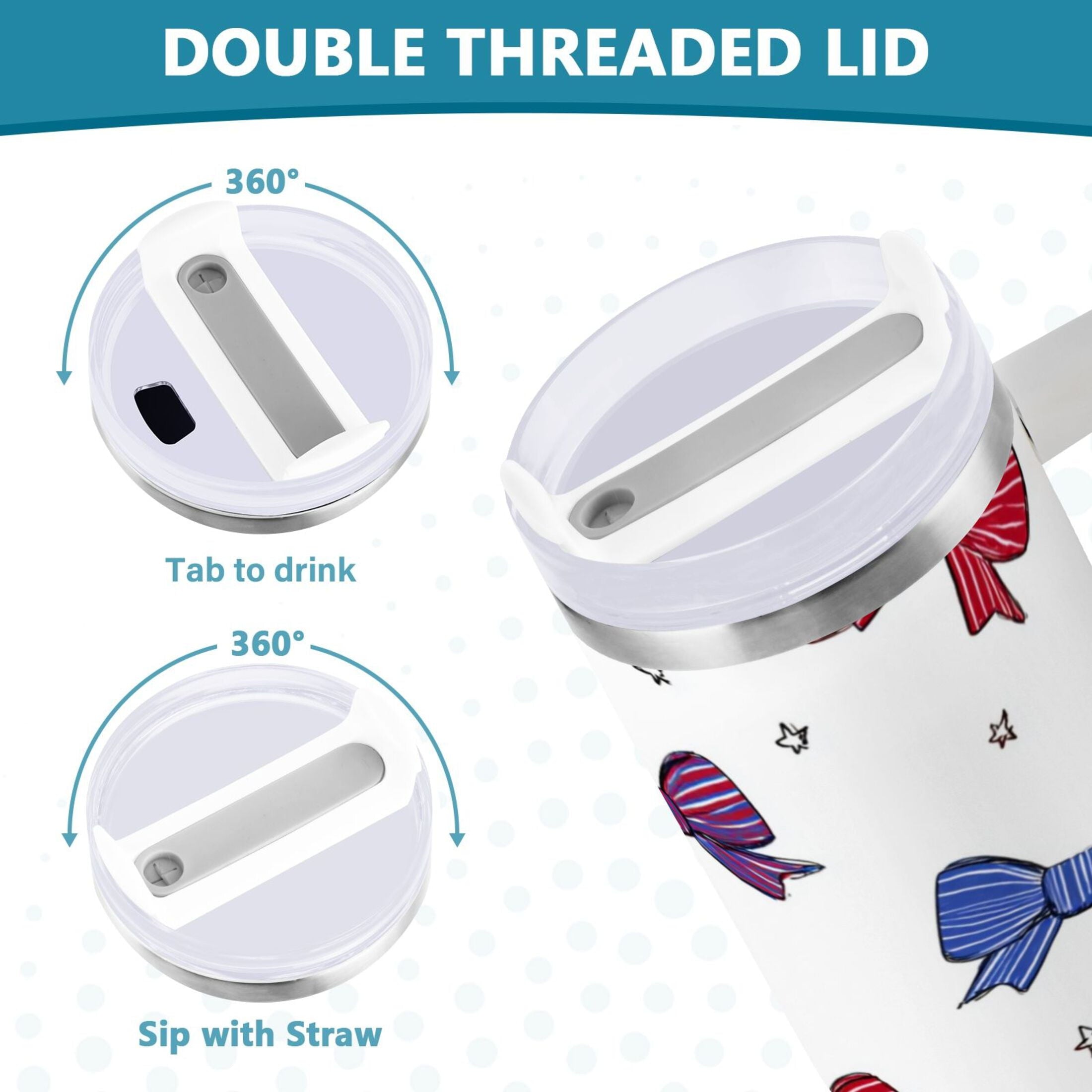 30 oz Insulated Stainless Steel Tumbler Double Wall Stainless Steel Tumbler with 2-Way Drinking Red and Blue Stripe Bows C656Q