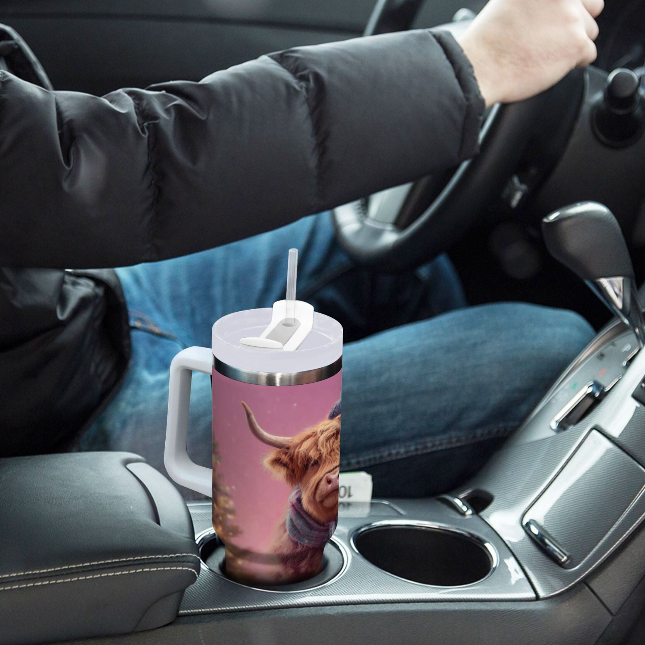 30 oz Insulated Stainless Steel Tumbler Double Wall Stainless Steel Tumbler with 2-Way Drinking Cow Wearing Christmas C626V