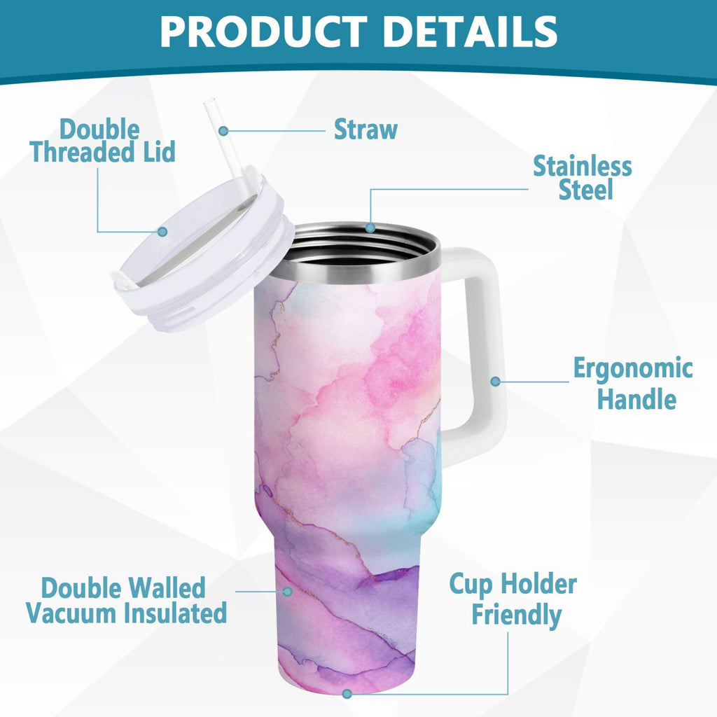 30 oz Insulated Stainless Steel Tumbler Double Wall Stainless Steel Tumbler with 2-Way Drinking Pastel Pink Marble Texture C614P
