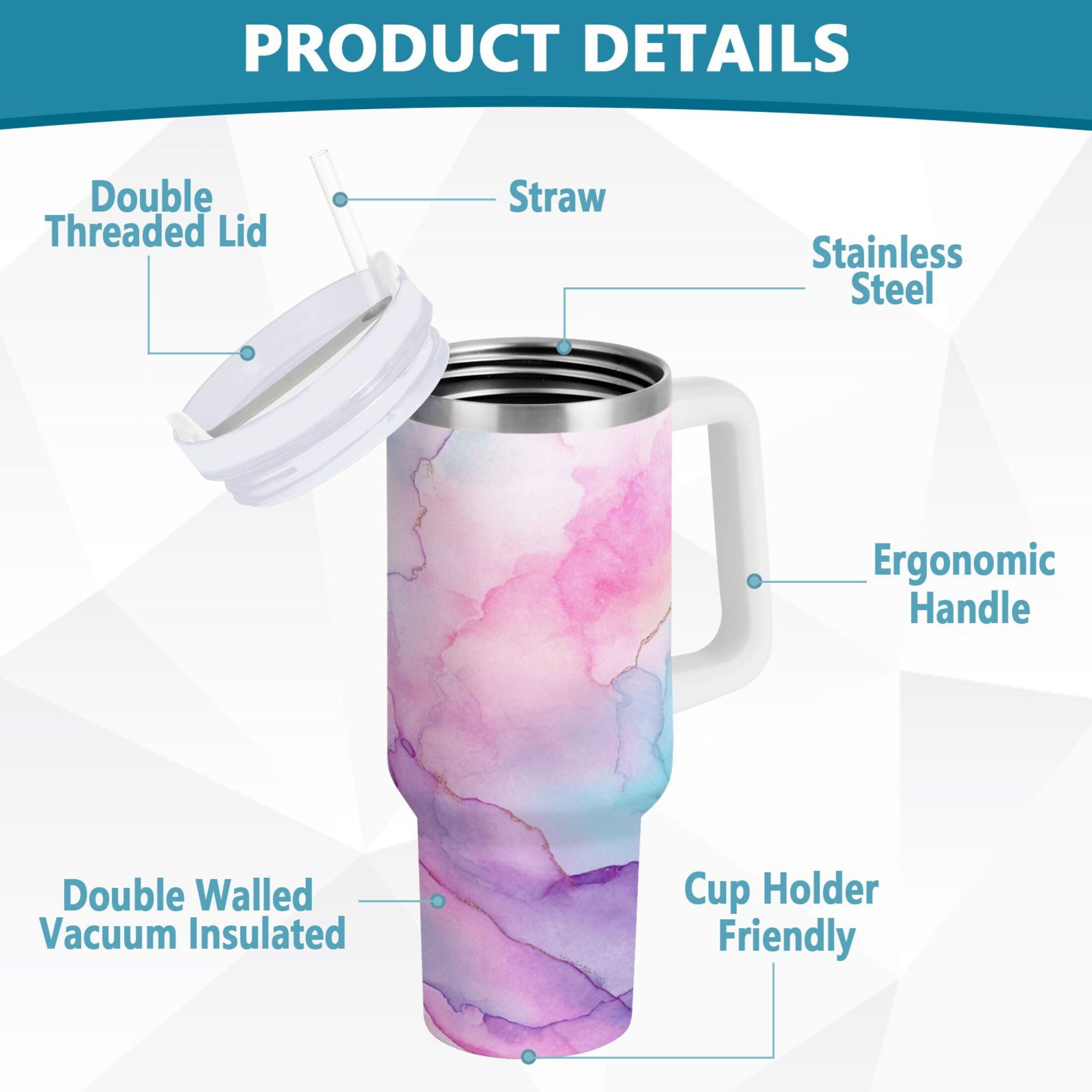 30 oz Insulated Stainless Steel Tumbler Double Wall Stainless Steel Tumbler with 2-Way Drinking Pastel Pink Marble Texture C614P