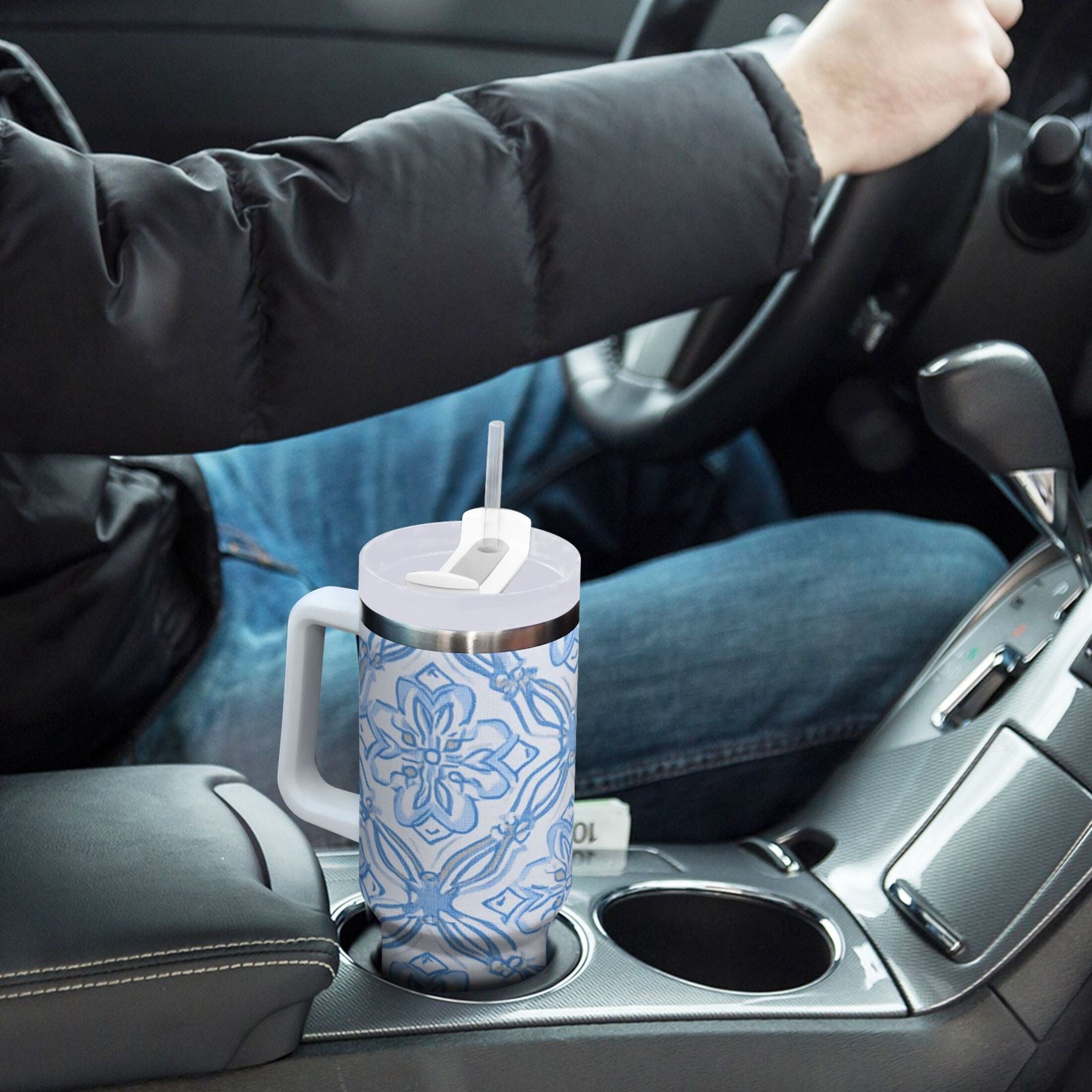 30 oz Insulated Stainless Steel Tumbler Double Wall Stainless Steel Tumbler with 2-Way Drinking Blue Elegant Geometric Design C623R