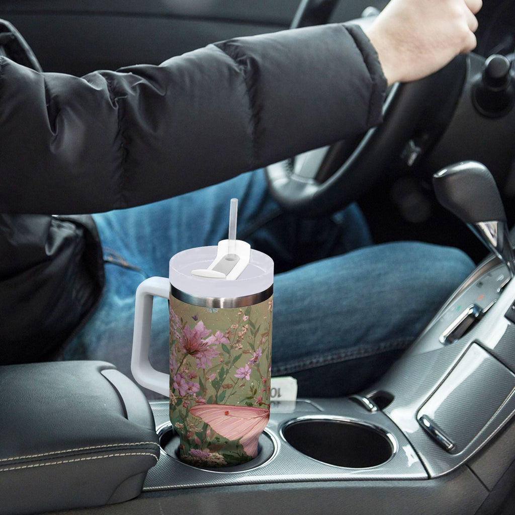 30 oz Insulated Stainless Steel Tumbler Double Wall Stainless Steel Tumbler with 2-Way Drinking Delicate Butterfly C643H