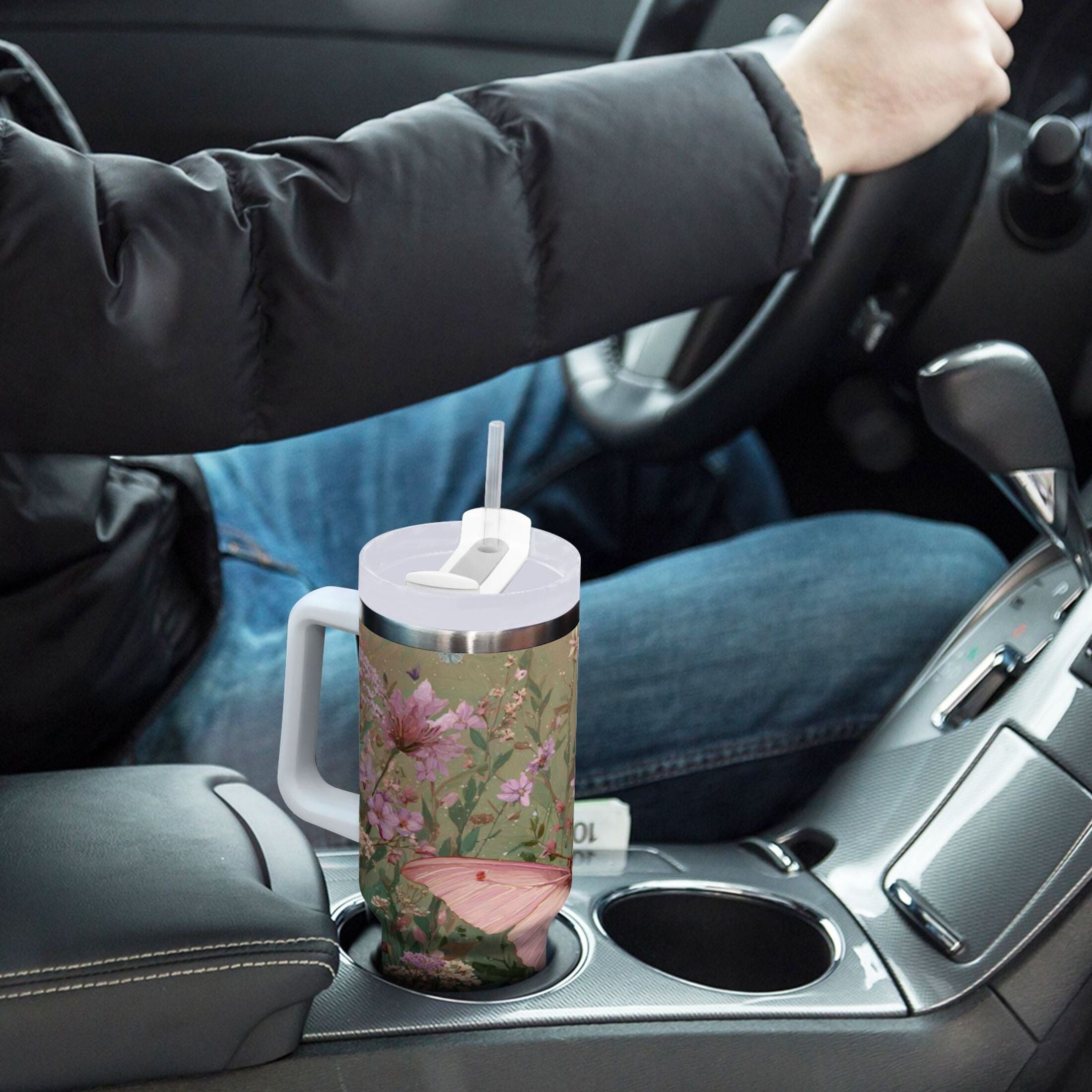 30 oz Insulated Stainless Steel Tumbler Double Wall Stainless Steel Tumbler with 2-Way Drinking Delicate Butterfly C643H