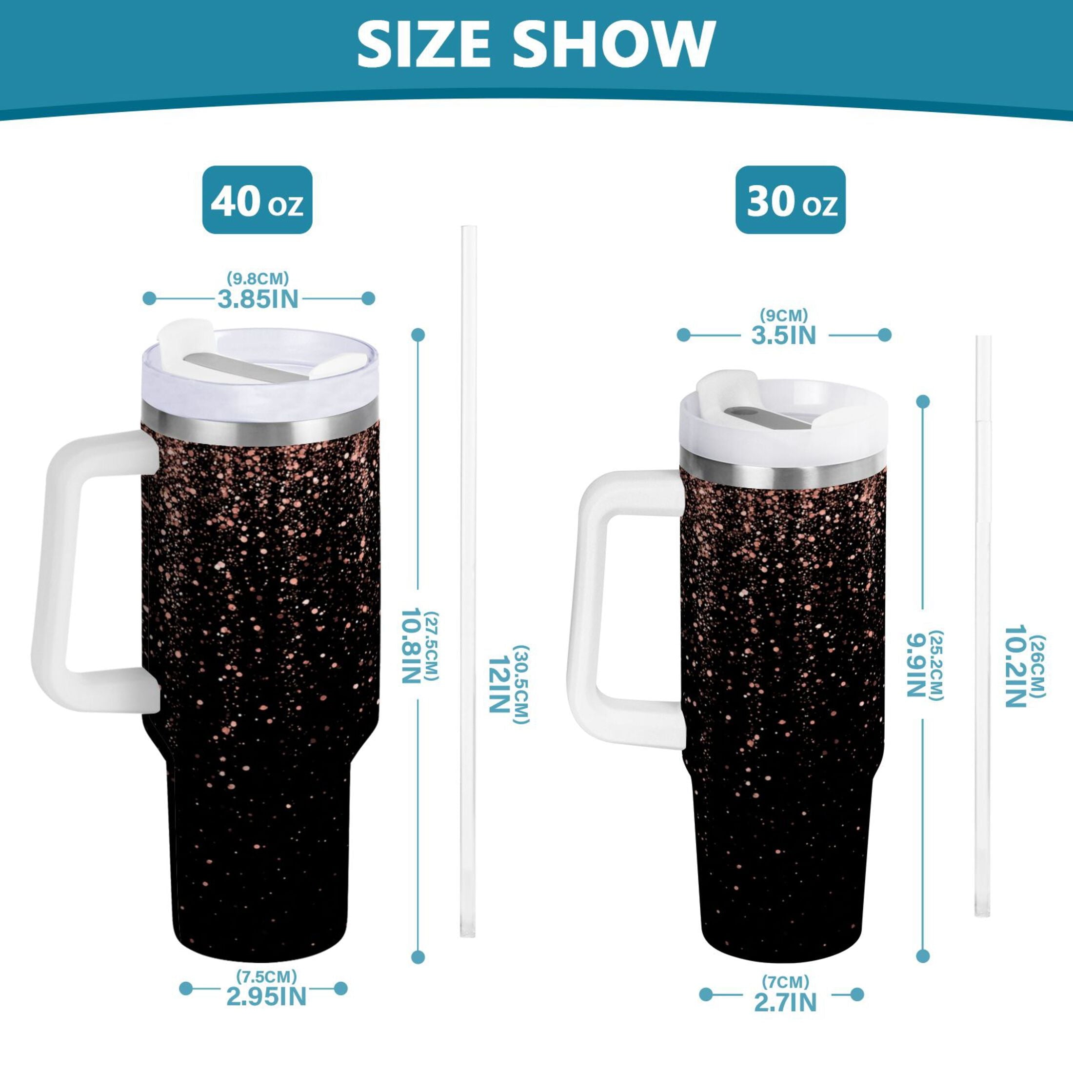 40 oz Insulated Stainless Steel Tumbler Double Wall Stainless Steel Tumbler with 2-Way Drinking Rose Gold Glitter C589Q