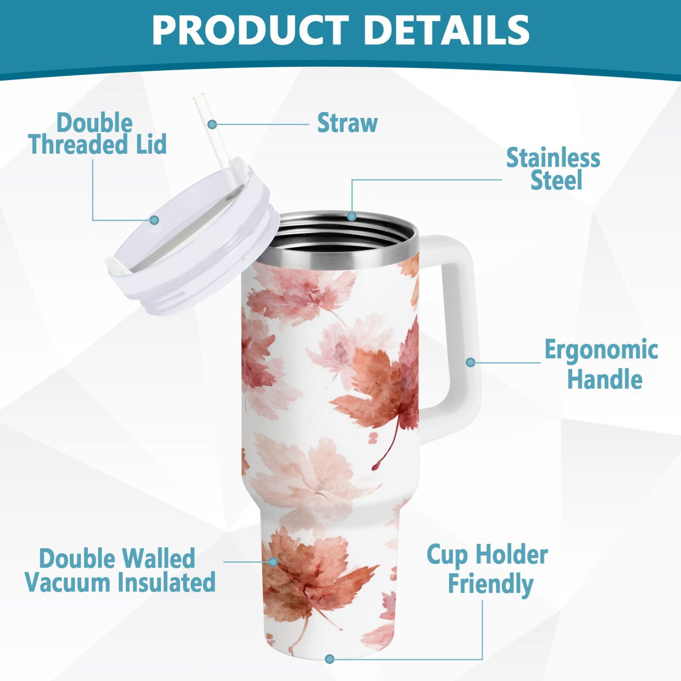 30 oz Insulated Stainless Steel Tumbler Double Wall Stainless Steel Tumbler with 2-Way Drinking Watercolor Pink Maple Leaves C624G