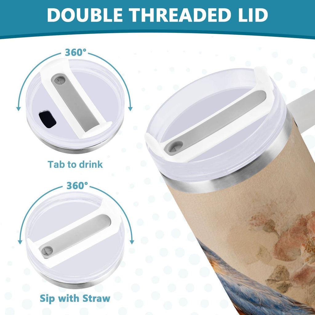 40 oz Insulated Stainless Steel Tumbler Double Wall Stainless Steel Tumbler with 2-Way Drinking Bluebird and Ancient Flowers C574Z