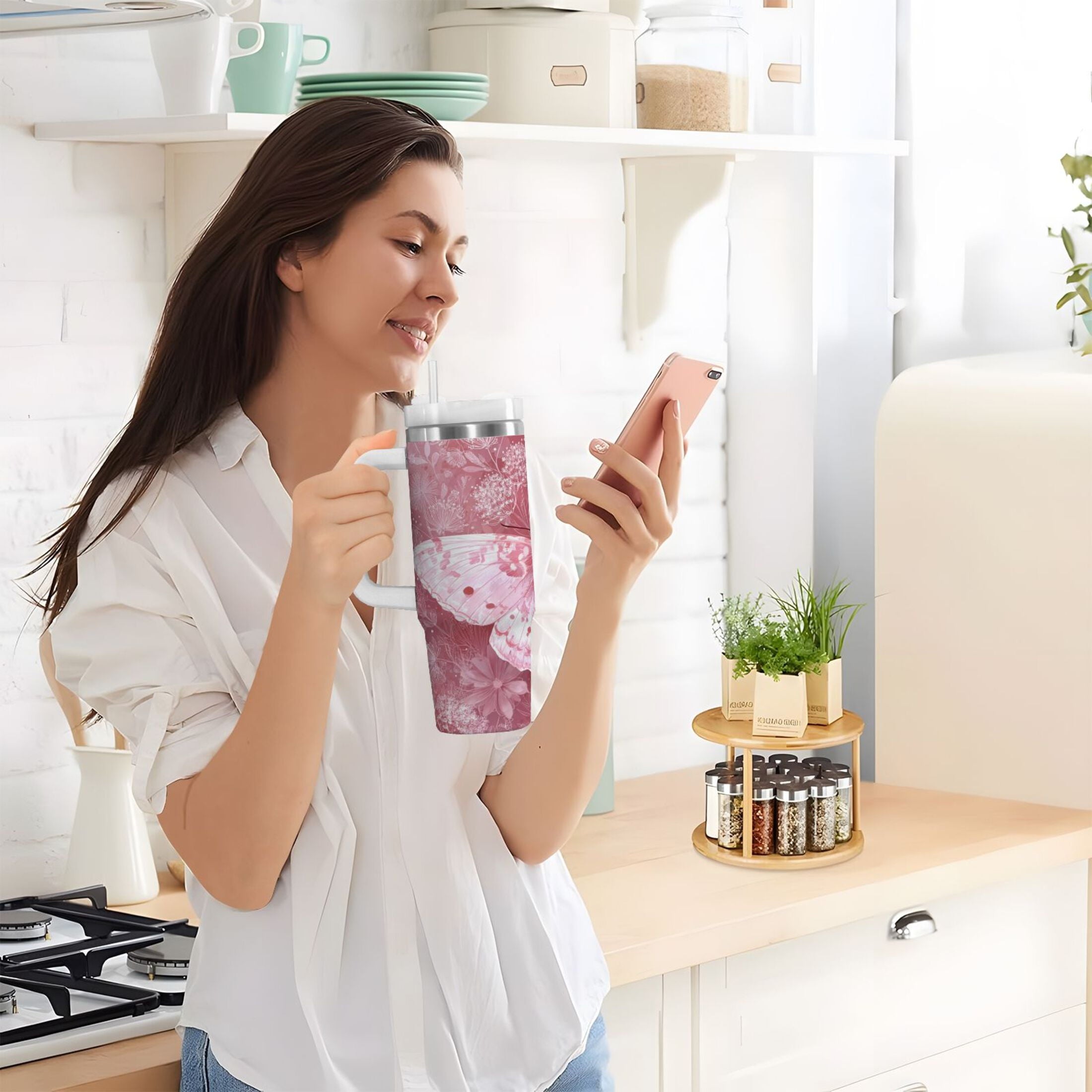 30 oz Insulated Stainless Steel Tumbler Double Wall Stainless Steel Tumbler with 2-Way Drinking Soft Pink Butterfly C561Z