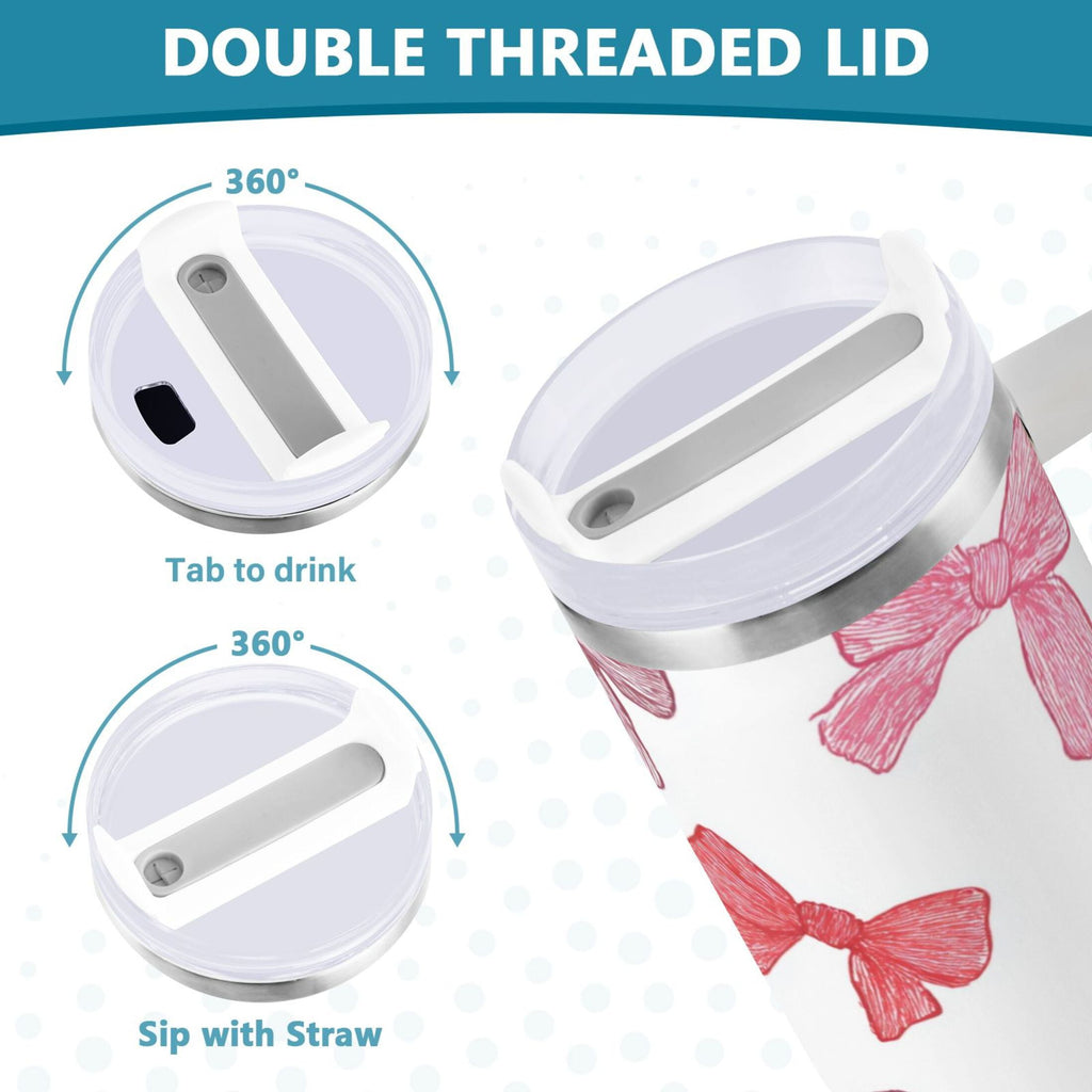 40 oz Insulated Stainless Steel Tumbler Double Wall Stainless Steel Tumbler with 2-Way Drinking Pink Bows Pattern C570E