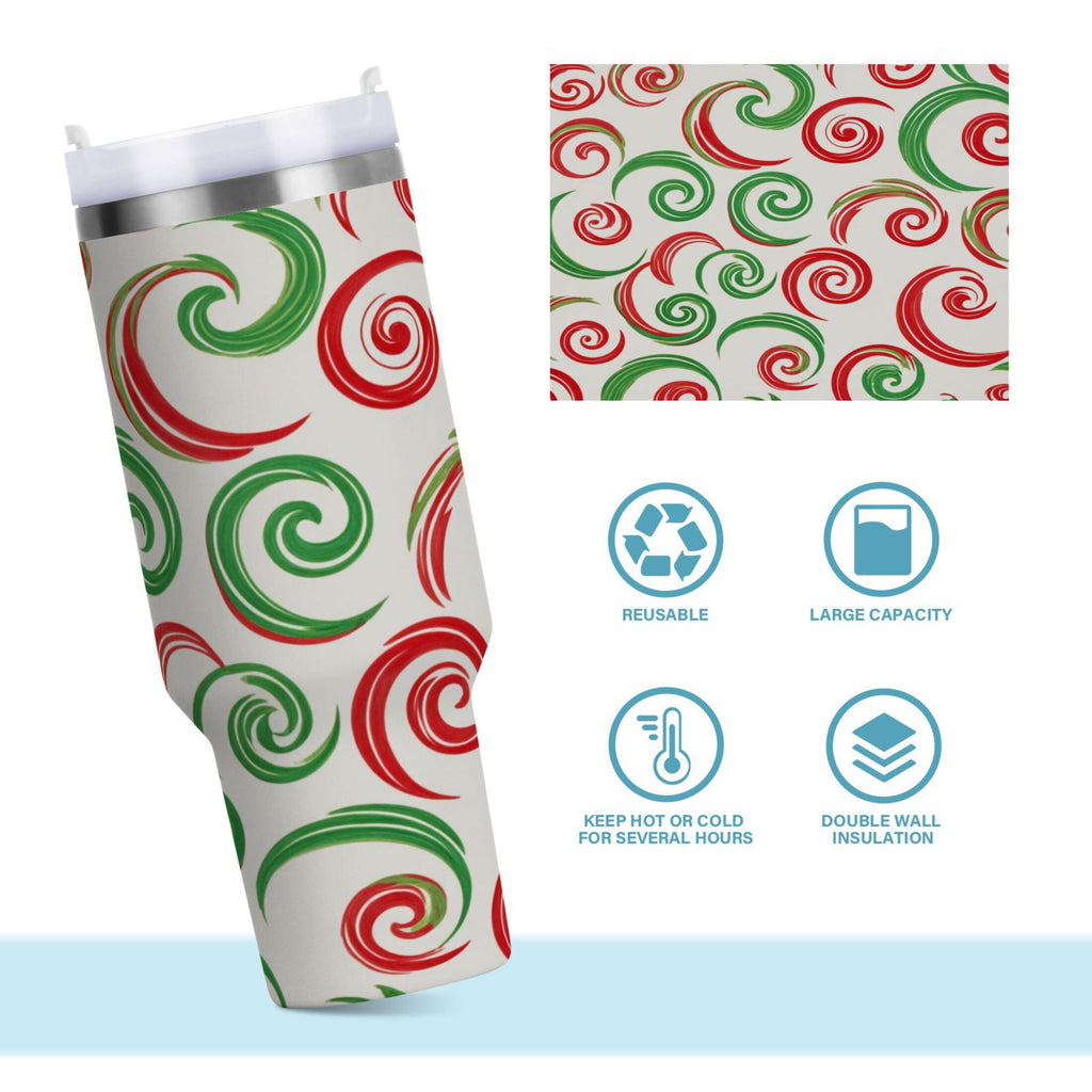 40 oz Insulated Stainless Steel Tumbler Double Wall Stainless Steel Tumbler with 2-Way Drinking Red and Green Swirls C539J