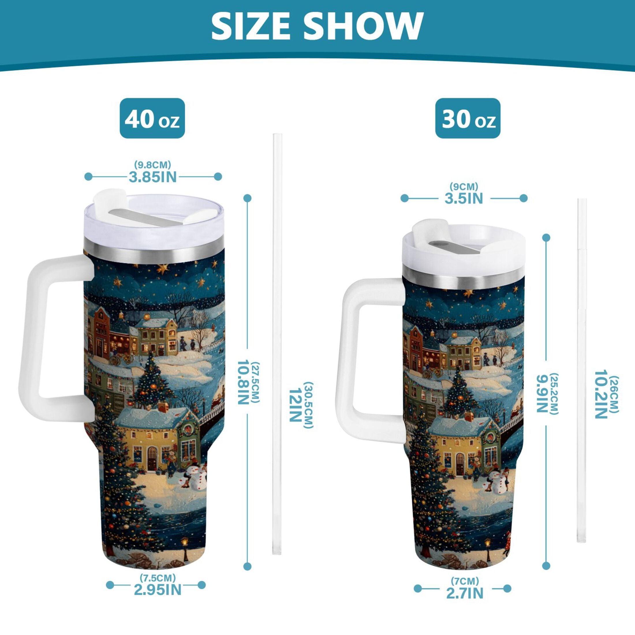 30 oz Insulated Stainless Steel Tumbler Double Wall Stainless Steel Tumbler with 2-Way Drinking Whimsical Christmas Scene C545R