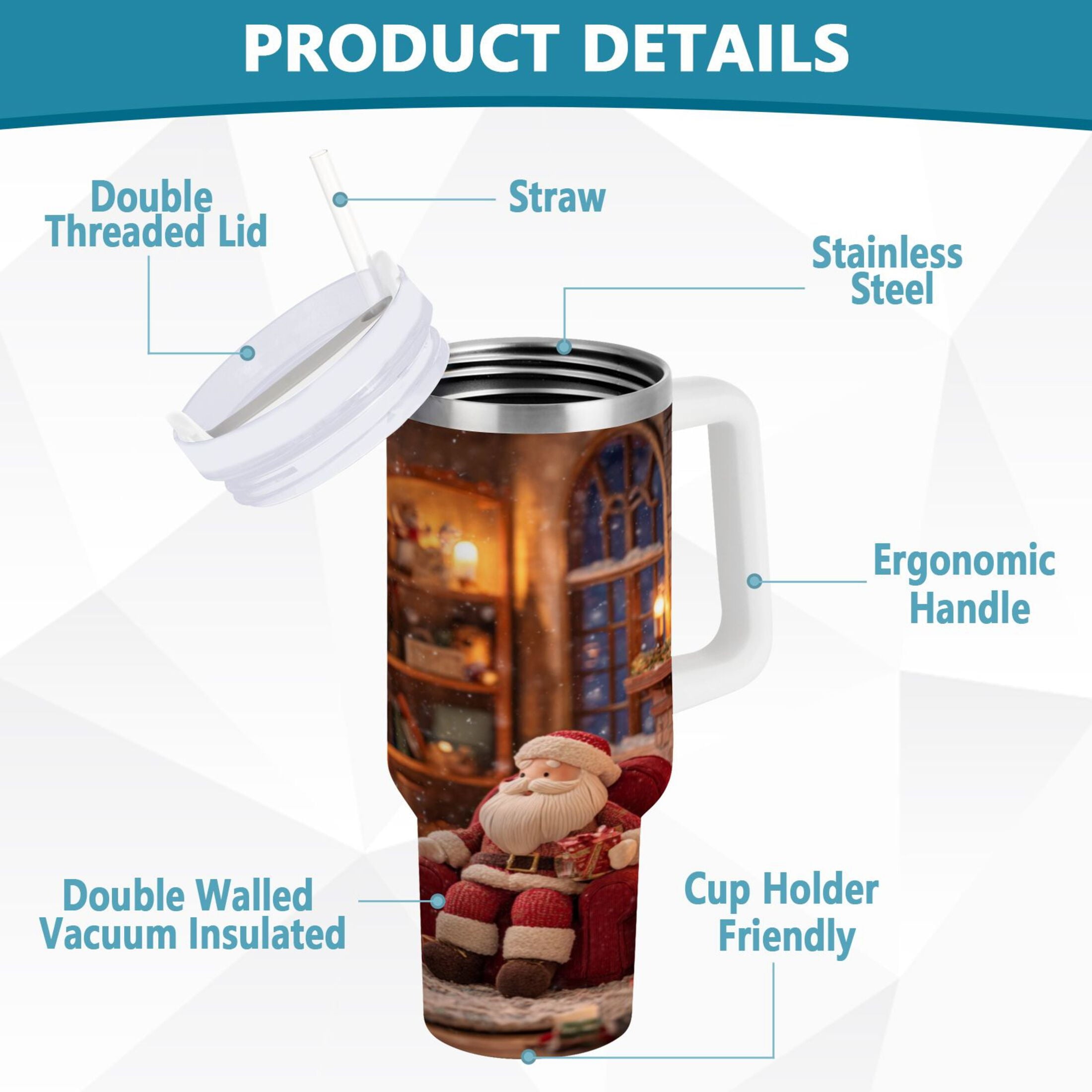 40 oz Insulated Stainless Steel Tumbler Double Wall Stainless Steel Tumbler with 2-Way Drinking Sitting Santa Claus C635V