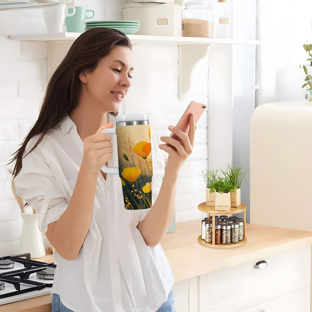 30 oz Insulated Stainless Steel Tumbler Double Wall Stainless Steel Tumbler with 2-Way Drinking Yellow Flowers on The Grass C594J