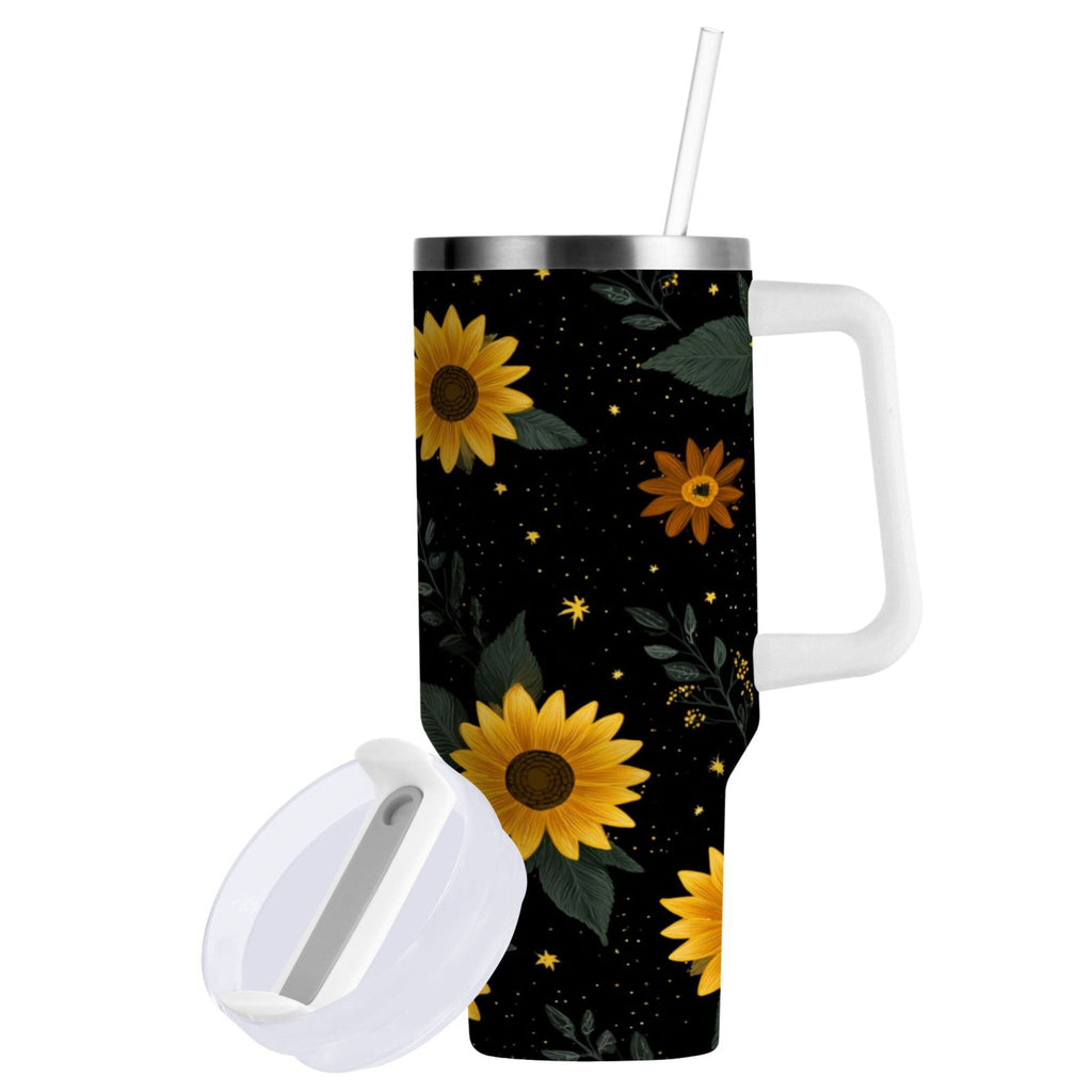 30 oz Insulated Stainless Steel Tumbler Double Wall Stainless Steel Tumbler with 2-Way Drinking Yellow Sunflower Pattern C532R