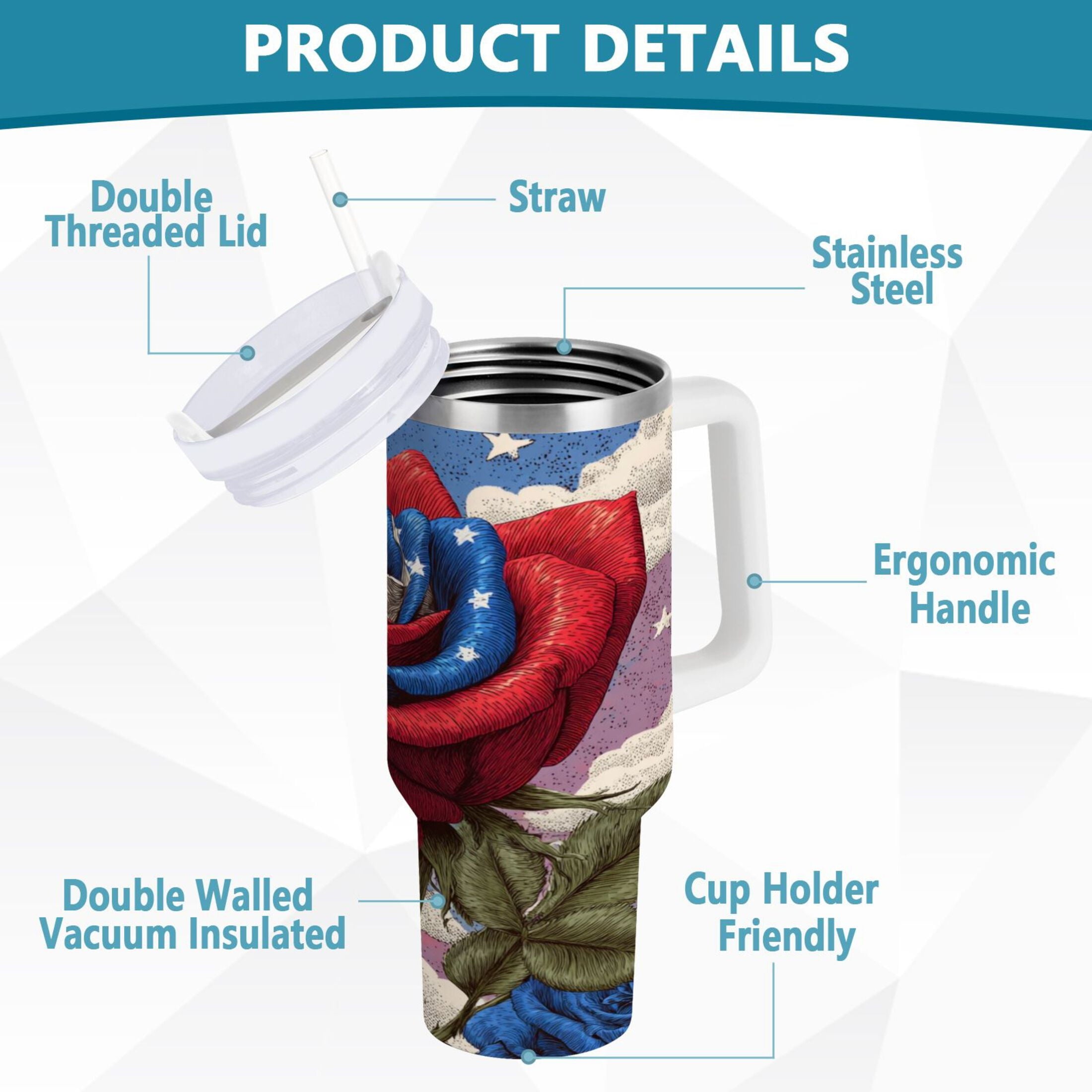 40 oz Insulated Stainless Steel Tumbler Double Wall Stainless Steel Tumbler with 2-Way Drinking Roses and Clouds C523F