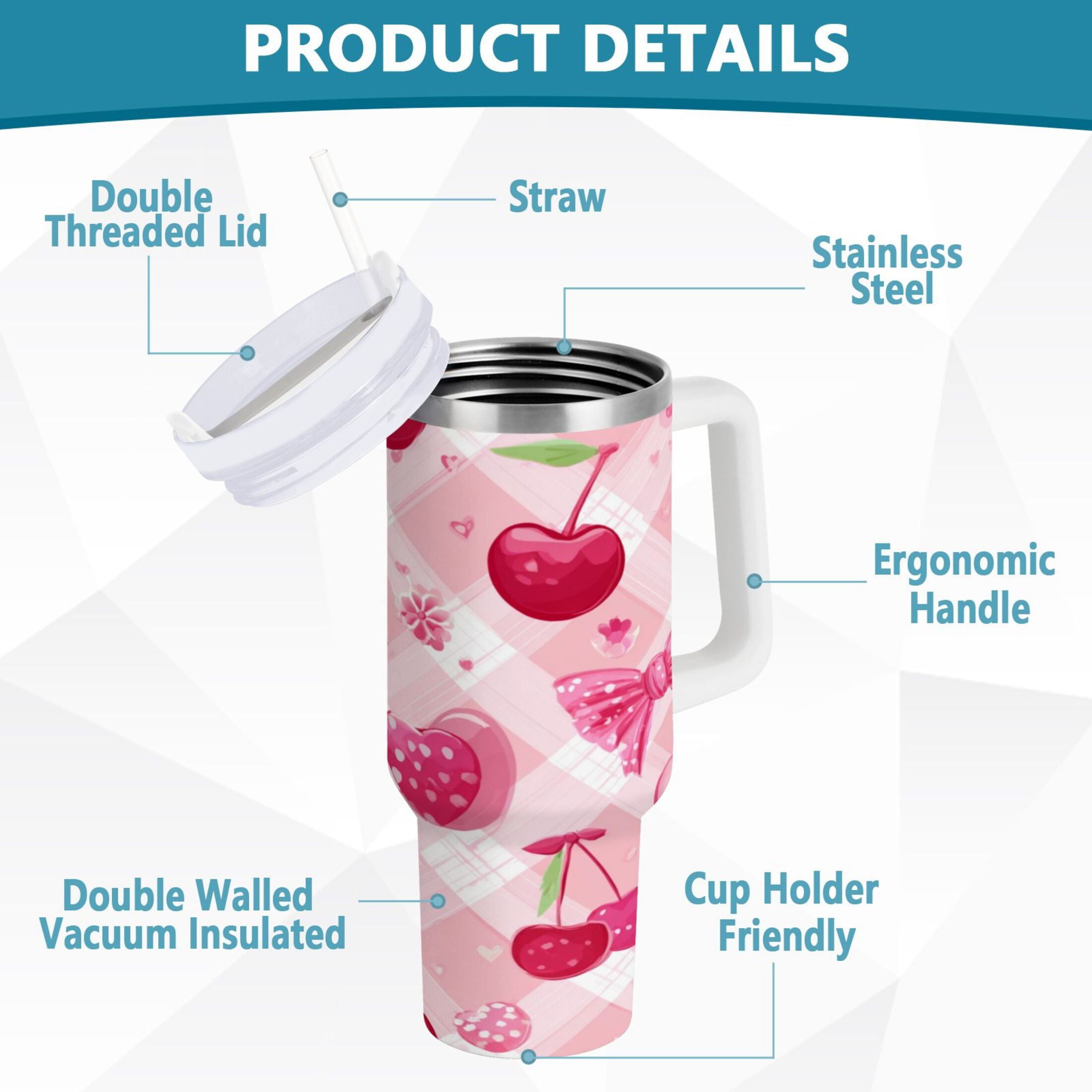 30 oz Insulated Stainless Steel Tumbler Double Wall Stainless Steel Tumbler with 2-Way Drinking Cherry and Pink Bow Pattern C617C