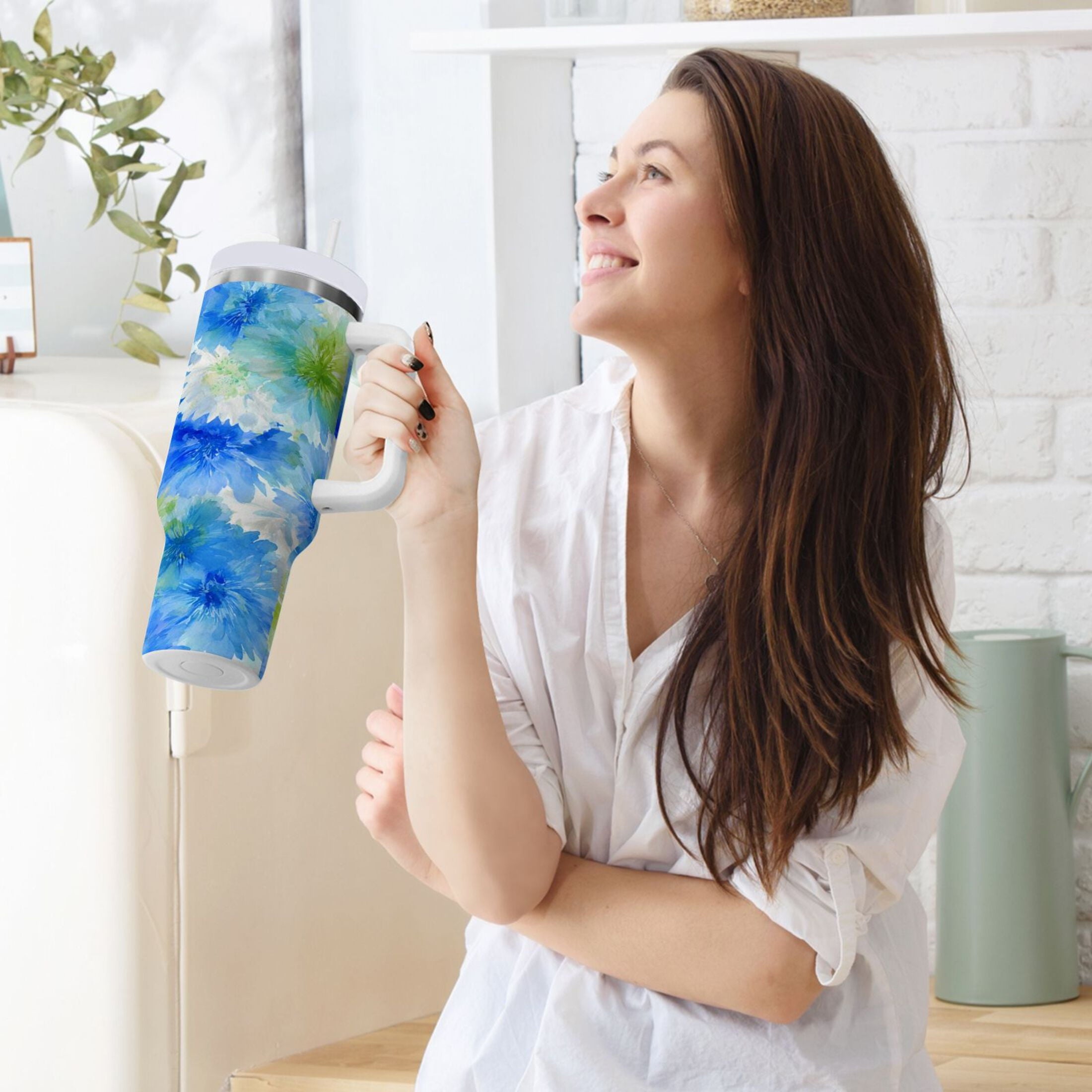 40 oz Insulated Stainless Steel Tumbler Double Wall Stainless Steel Tumbler with 2-Way Drinking Watercolor Blue Cornflowers C567W