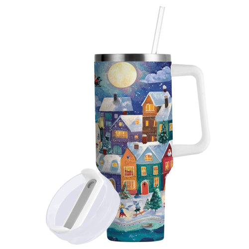30 oz Insulated Stainless Steel Tumbler Double Wall Stainless Steel Tumbler with 2-Way Drinking Charming Christmas Scene C546C