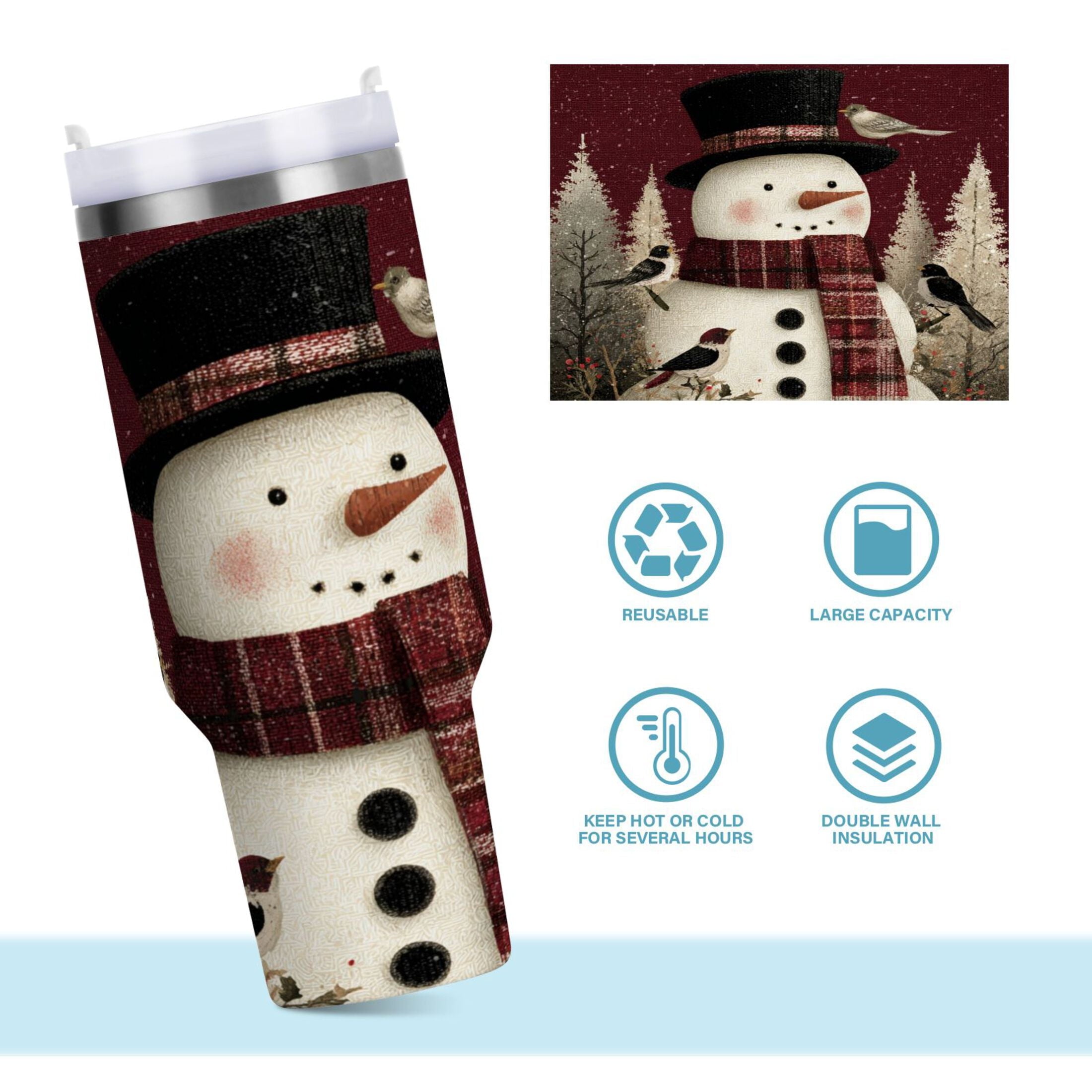 30 oz Insulated Stainless Steel Tumbler Double Wall Stainless Steel Tumbler with 2-Way Drinking Snowman and Birds C637N