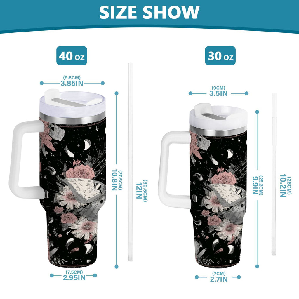 40 oz Insulated Stainless Steel Tumbler Double Wall Stainless Steel Tumbler with 2-Way Drinking Butterfly Surrounded by Flowers C640W