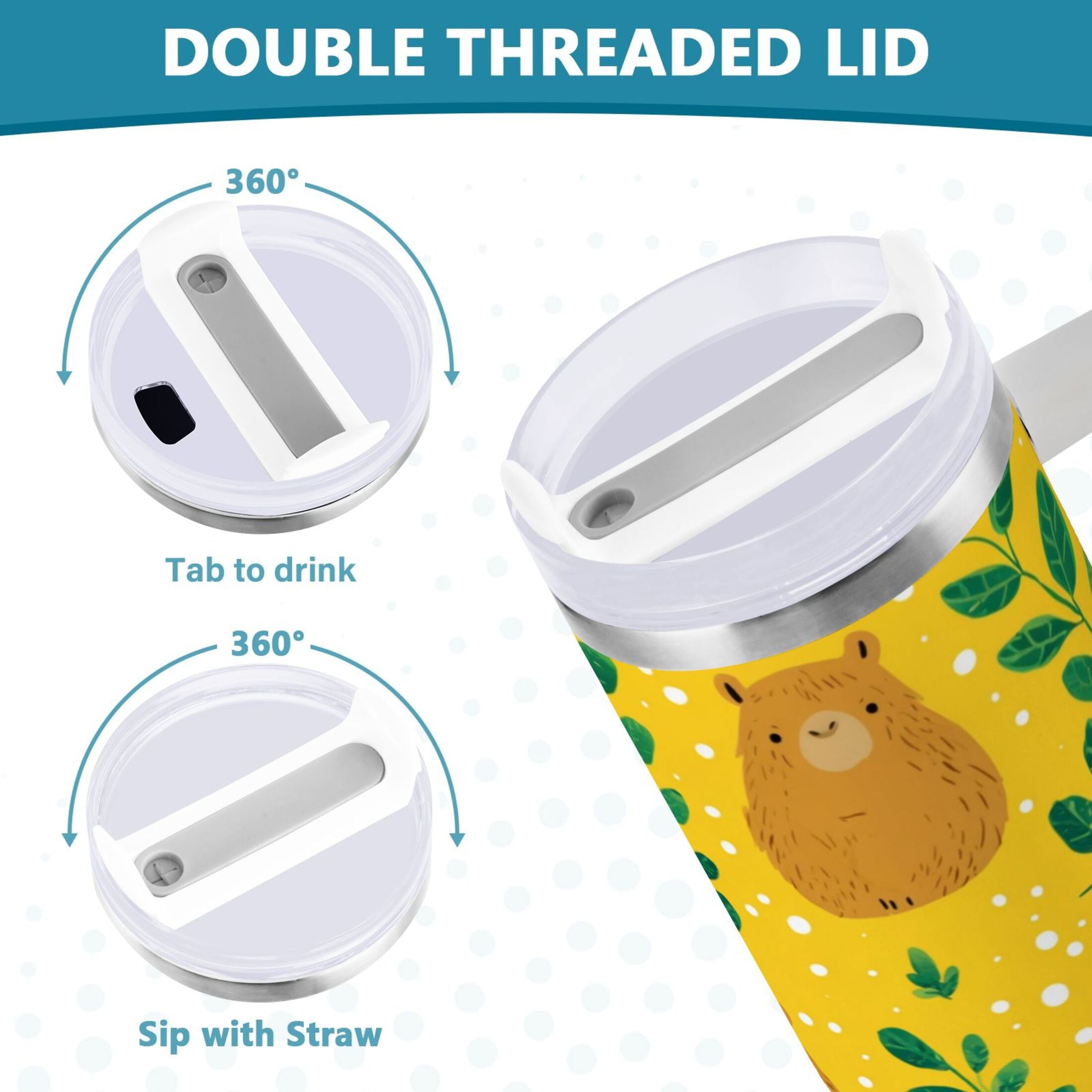 30 oz Insulated Stainless Steel Tumbler Double Wall Stainless Steel Tumbler with 2-Way Drinking Capybara and Green Leaves C658M