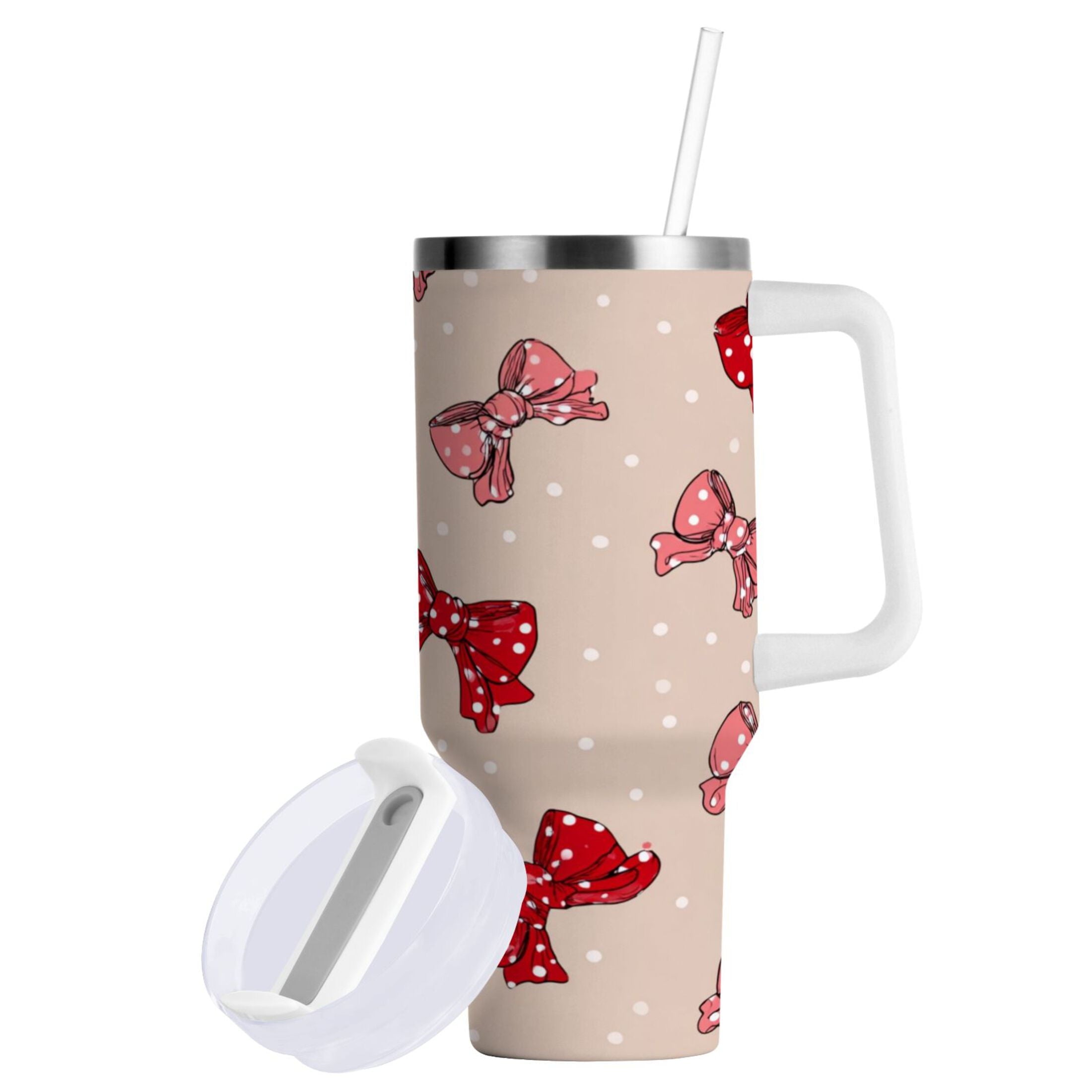 30 oz Insulated Stainless Steel Tumbler Double Wall Stainless Steel Tumbler with 2-Way Drinking Cute Red Bows Pattern C541W