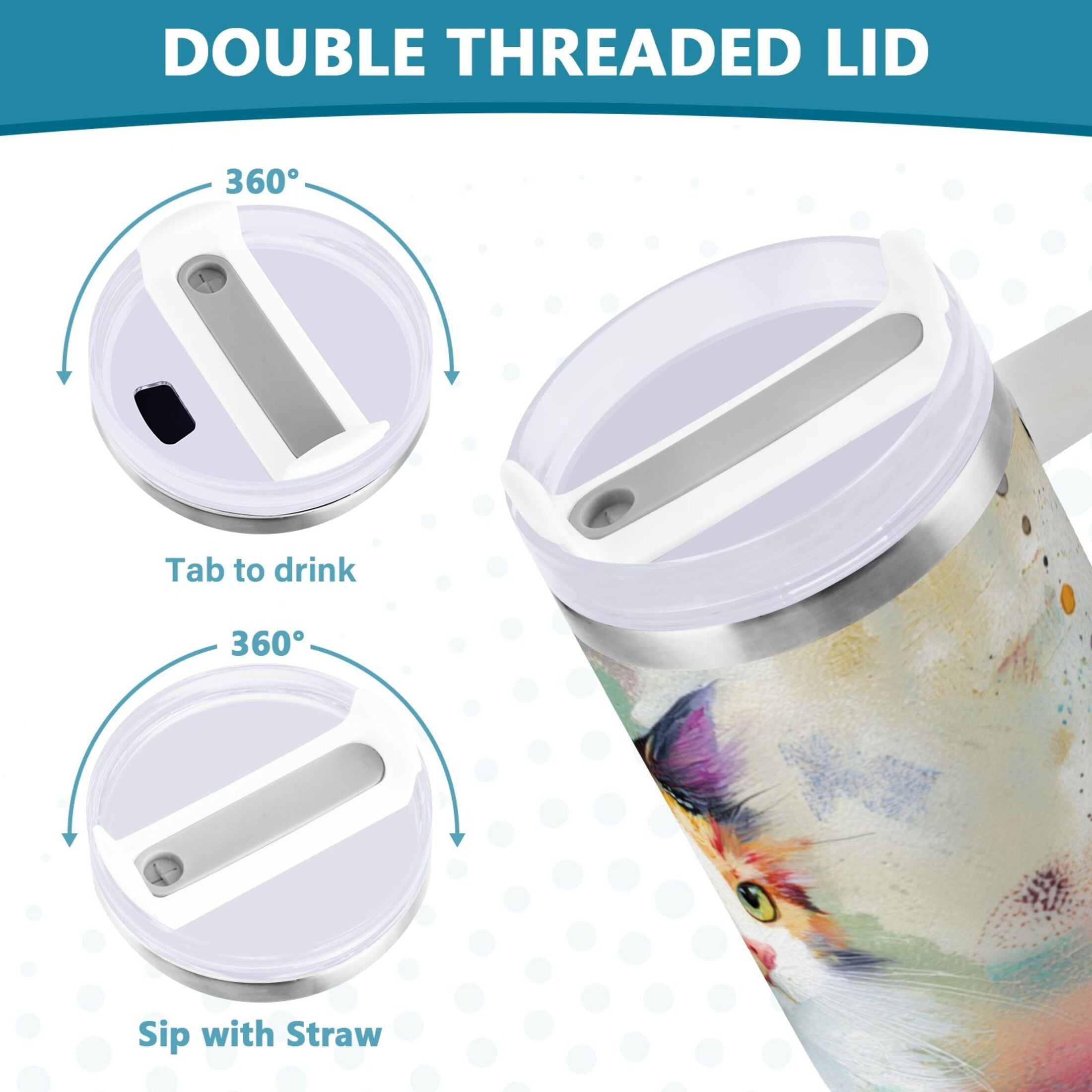 30 oz Insulated Stainless Steel Tumbler Double Wall Stainless Steel Tumbler with 2-Way Drinking Charming Hairy Cat C672W