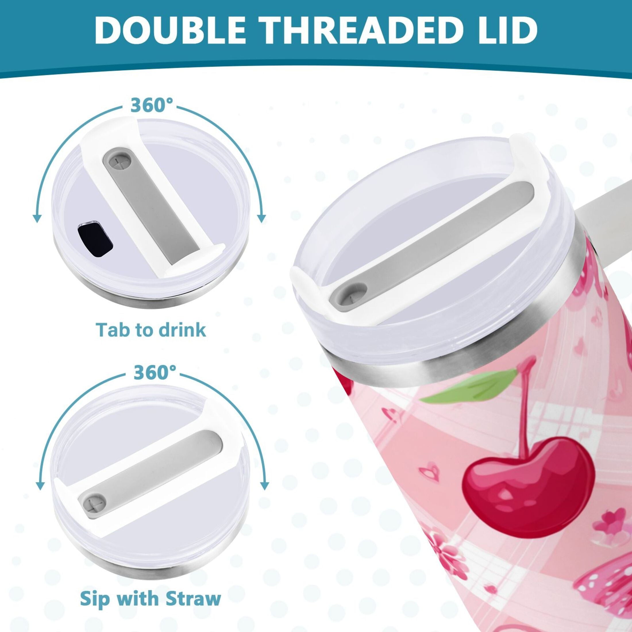 30 oz Insulated Stainless Steel Tumbler Double Wall Stainless Steel Tumbler with 2-Way Drinking Cherry and Pink Bow Pattern C617C