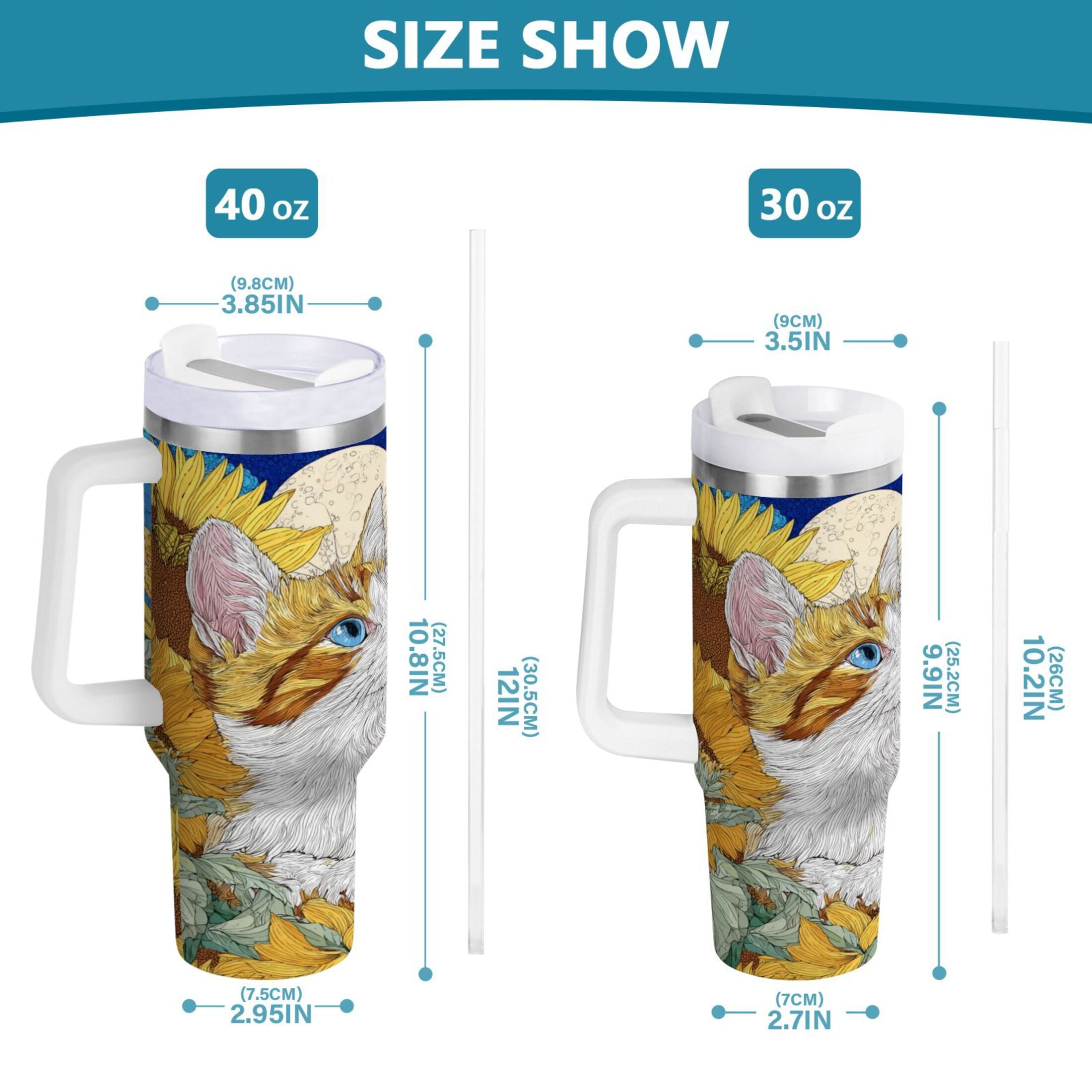 40 oz Insulated Stainless Steel Tumbler Double Wall Stainless Steel Tumbler with 2-Way Drinking Cat Lies in The Sunflowers C651A