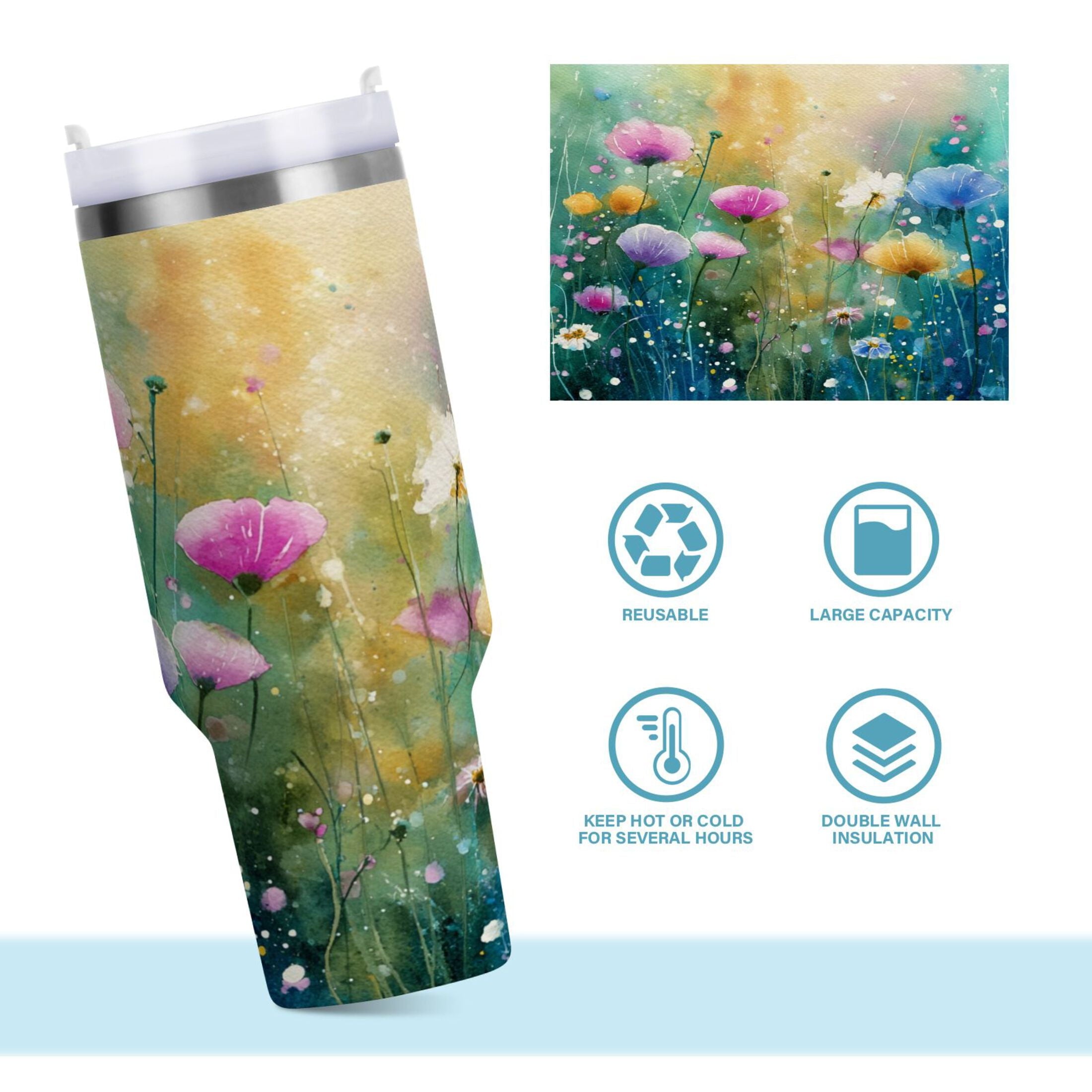 30 oz Insulated Stainless Steel Tumbler Double Wall Stainless Steel Tumbler with 2-Way Drinking Watercolor Wildflowers C563F
