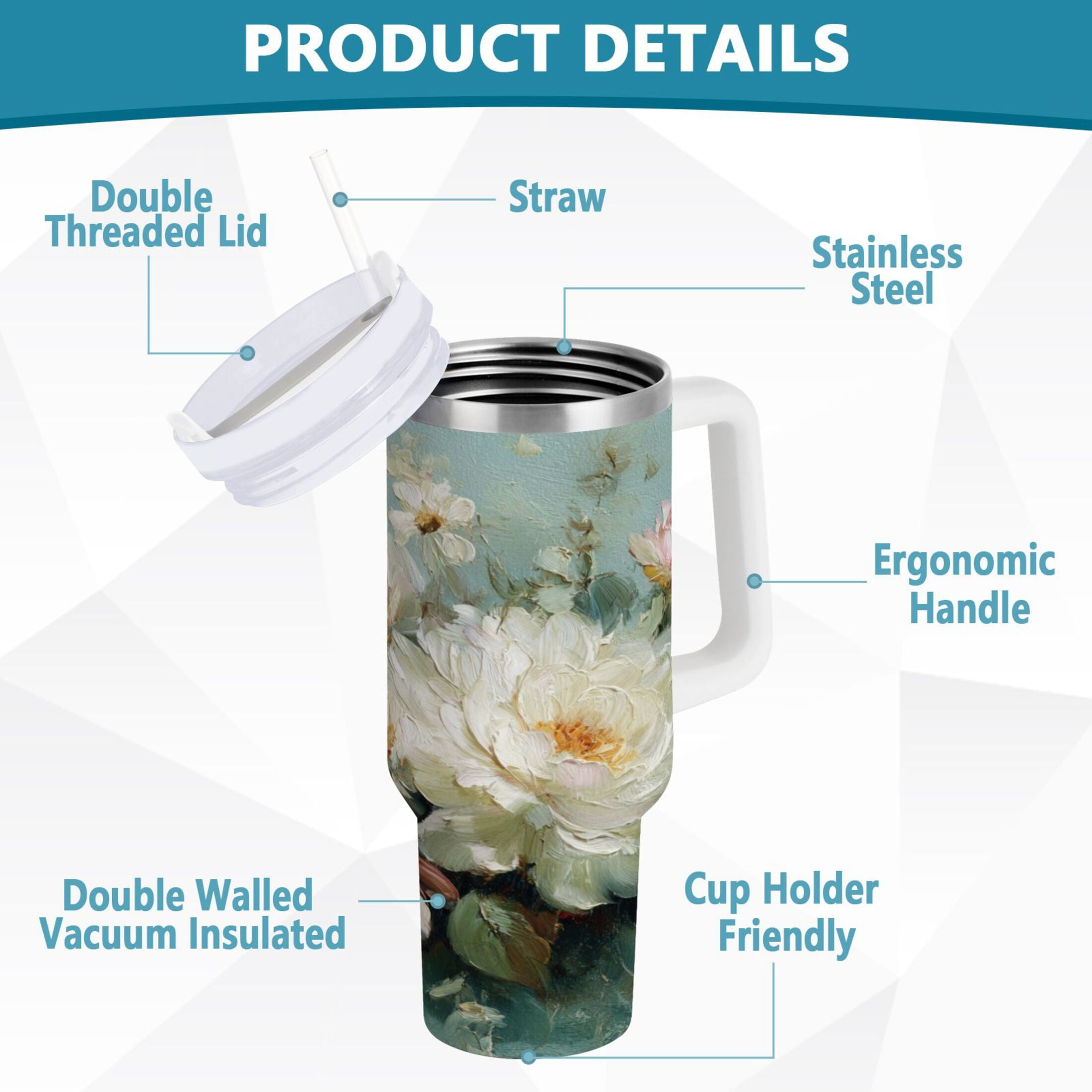 40 oz Insulated Stainless Steel Tumbler Double Wall Stainless Steel Tumbler with 2-Way Drinking Vintage Peonies and Daisies C677V
