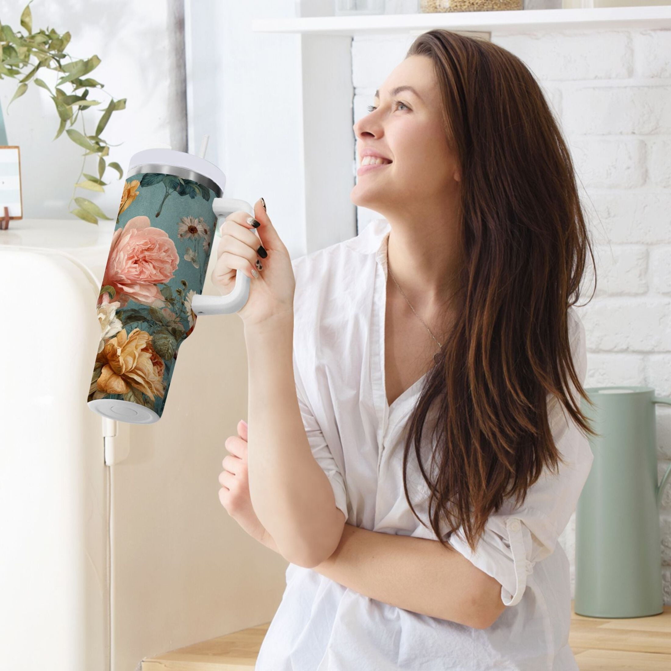 30 oz Insulated Stainless Steel Tumbler Double Wall Stainless Steel Tumbler with 2-Way Drinking Vintage Roses and Peonies C667C