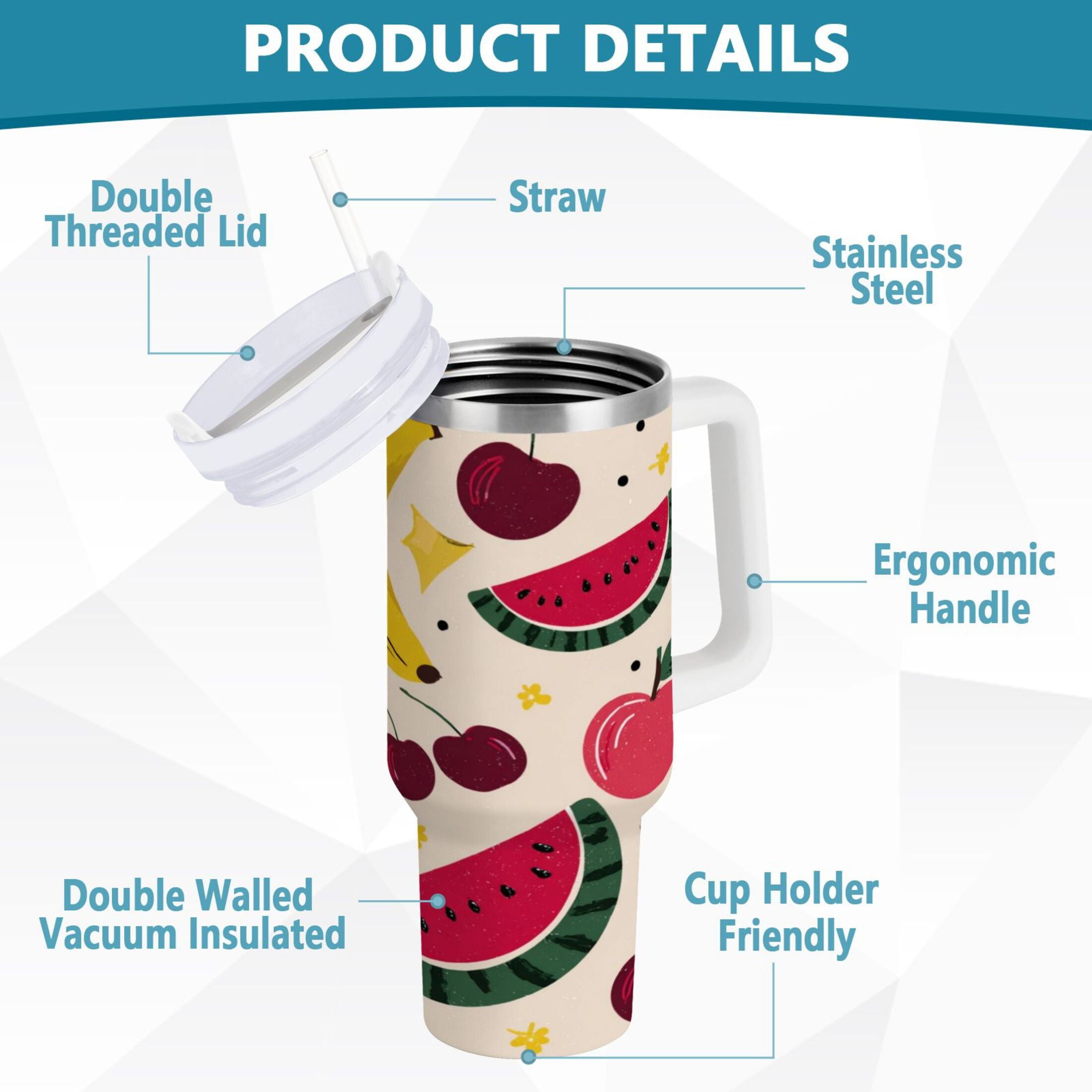 30 oz Insulated Stainless Steel Tumbler Double Wall Stainless Steel Tumbler with 2-Way Drinking Watermelon and Cherries C579V