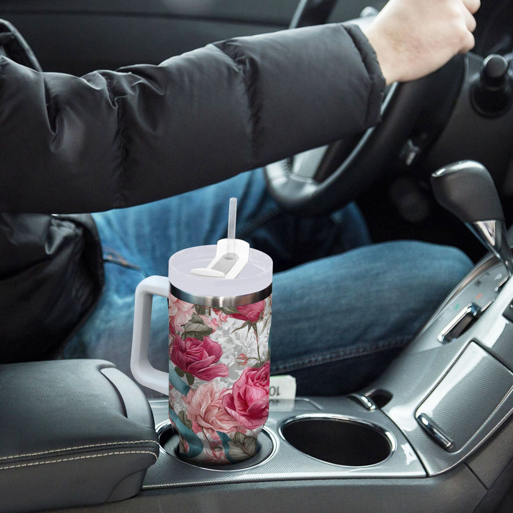 30 oz Insulated Stainless Steel Tumbler Double Wall Stainless Steel Tumbler with 2-Way Drinking Roses and Ribbons C675M