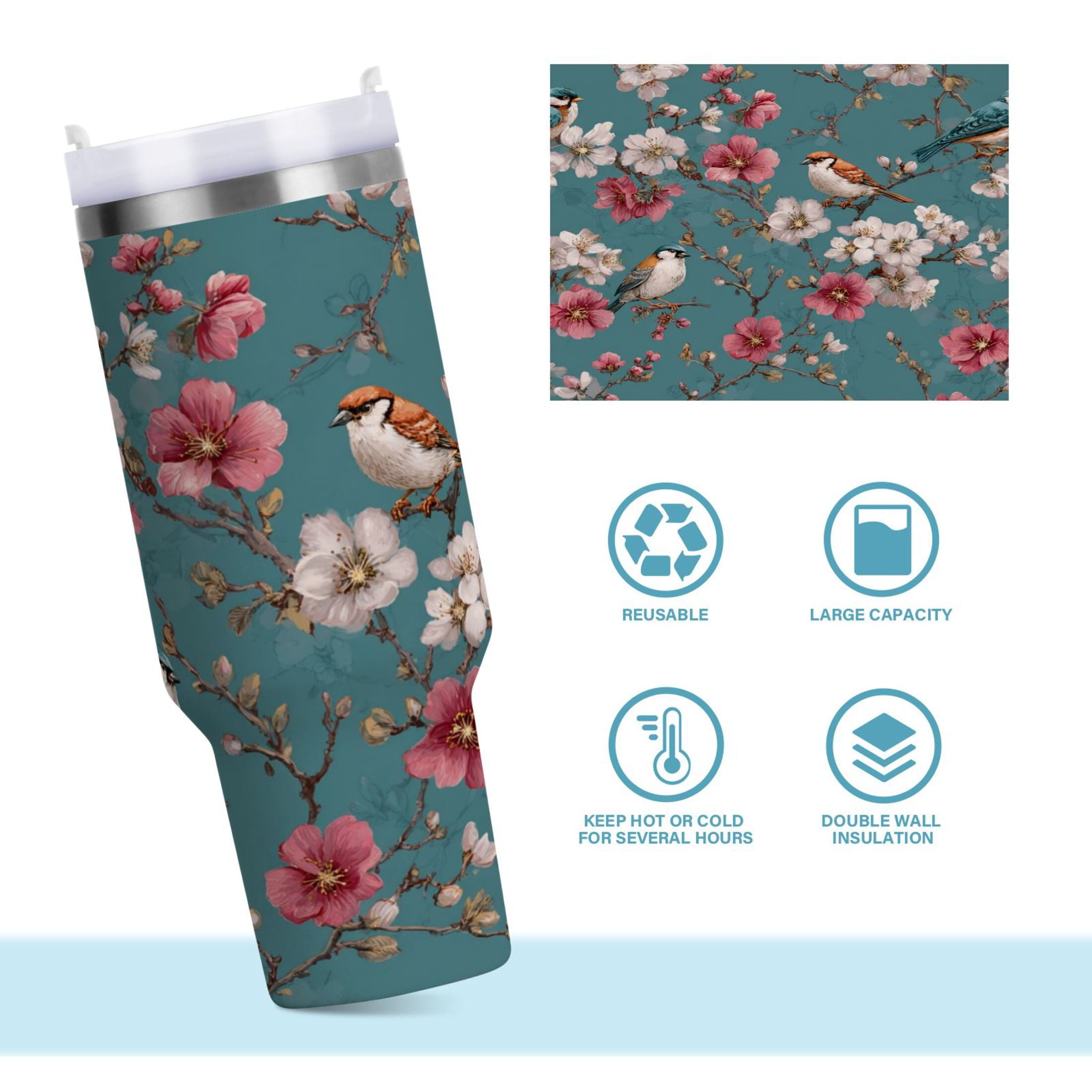 30 oz Insulated Stainless Steel Tumbler Double Wall Stainless Steel Tumbler with 2-Way Drinking Birds and Cherry Pattern C537C