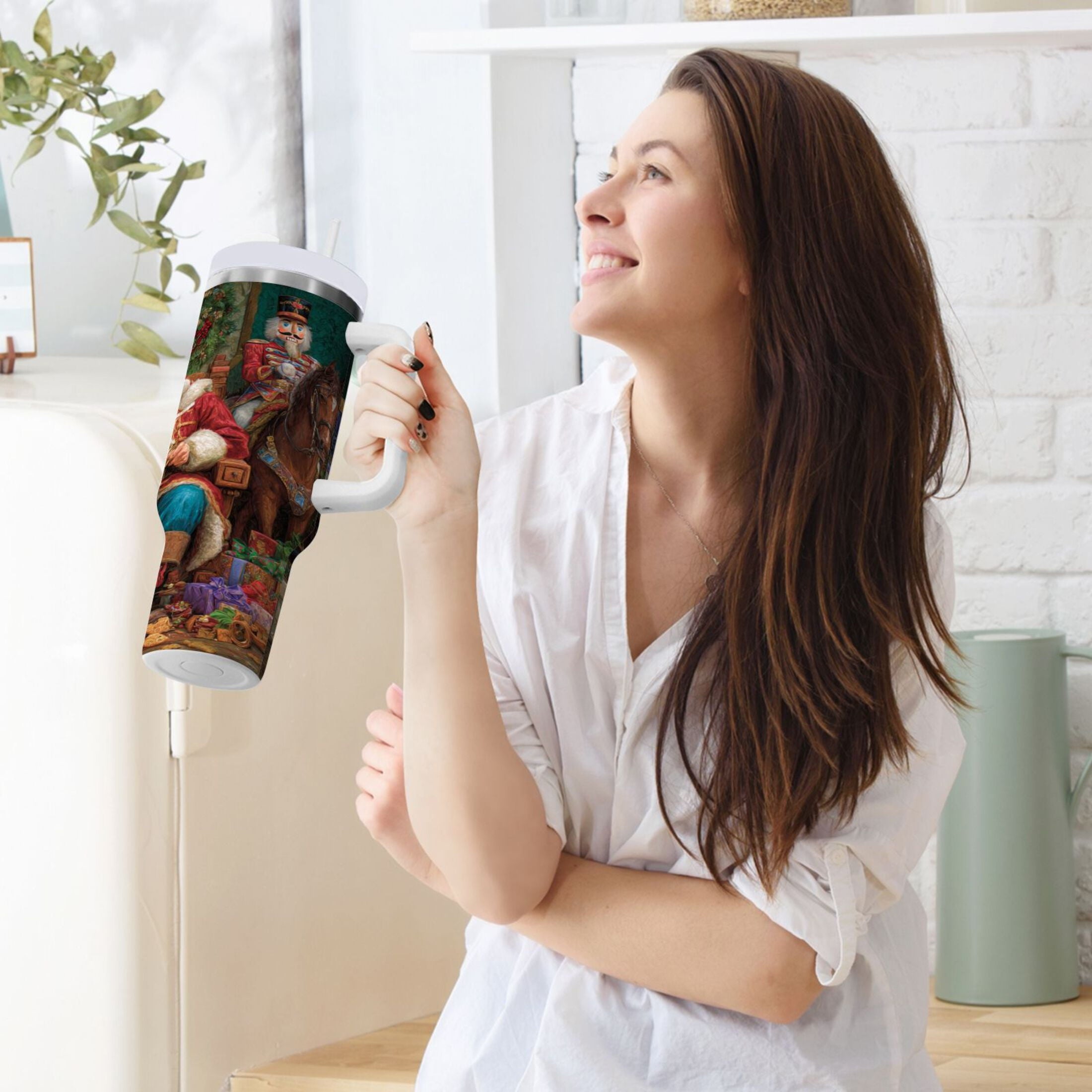40 oz Insulated Stainless Steel Tumbler Double Wall Stainless Steel Tumbler with 2-Way Drinking Santa Eating Cookies C548Y