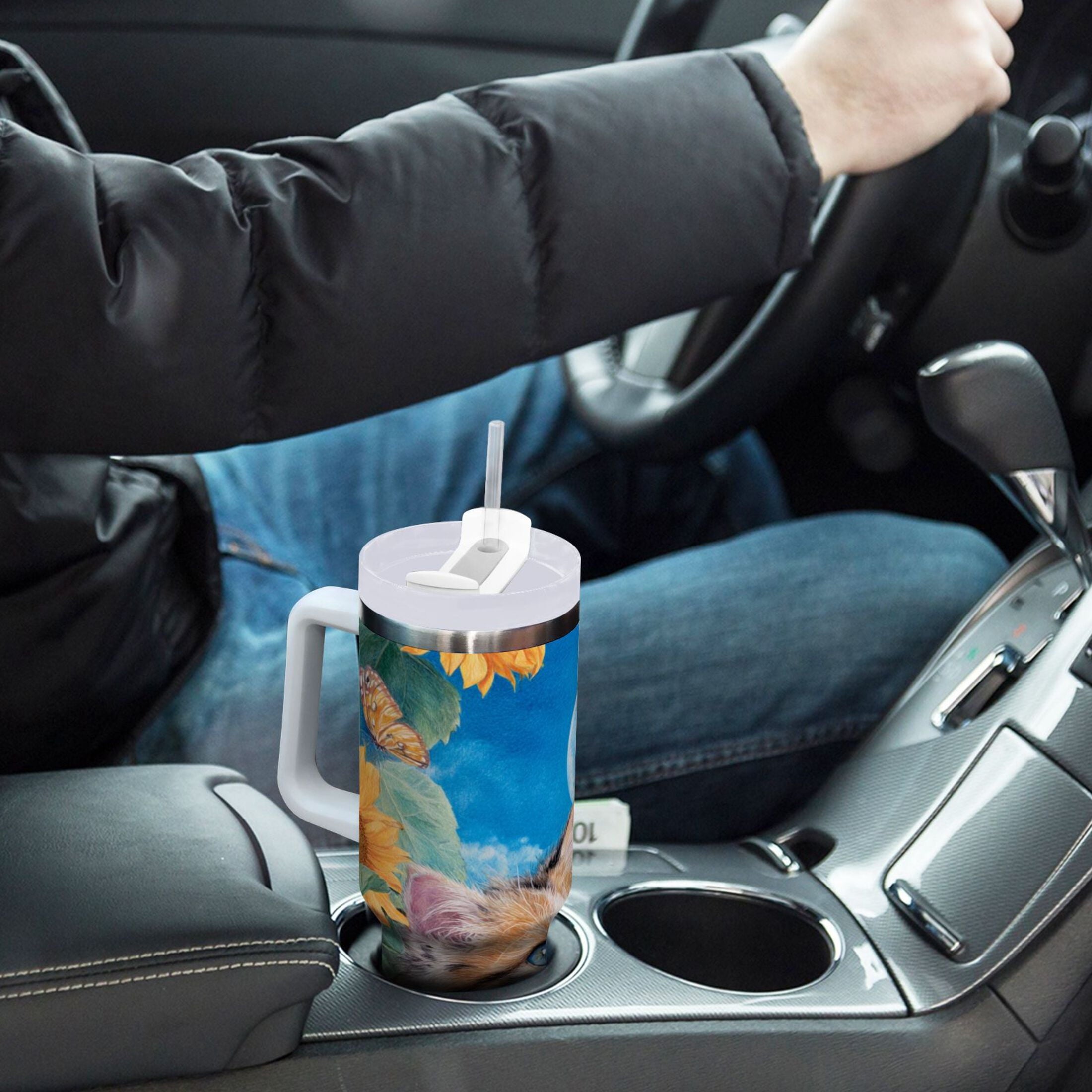 40 oz Insulated Stainless Steel Tumbler Double Wall Stainless Steel Tumbler with 2-Way Drinking Playful Cat Lying Sunflowers C549F