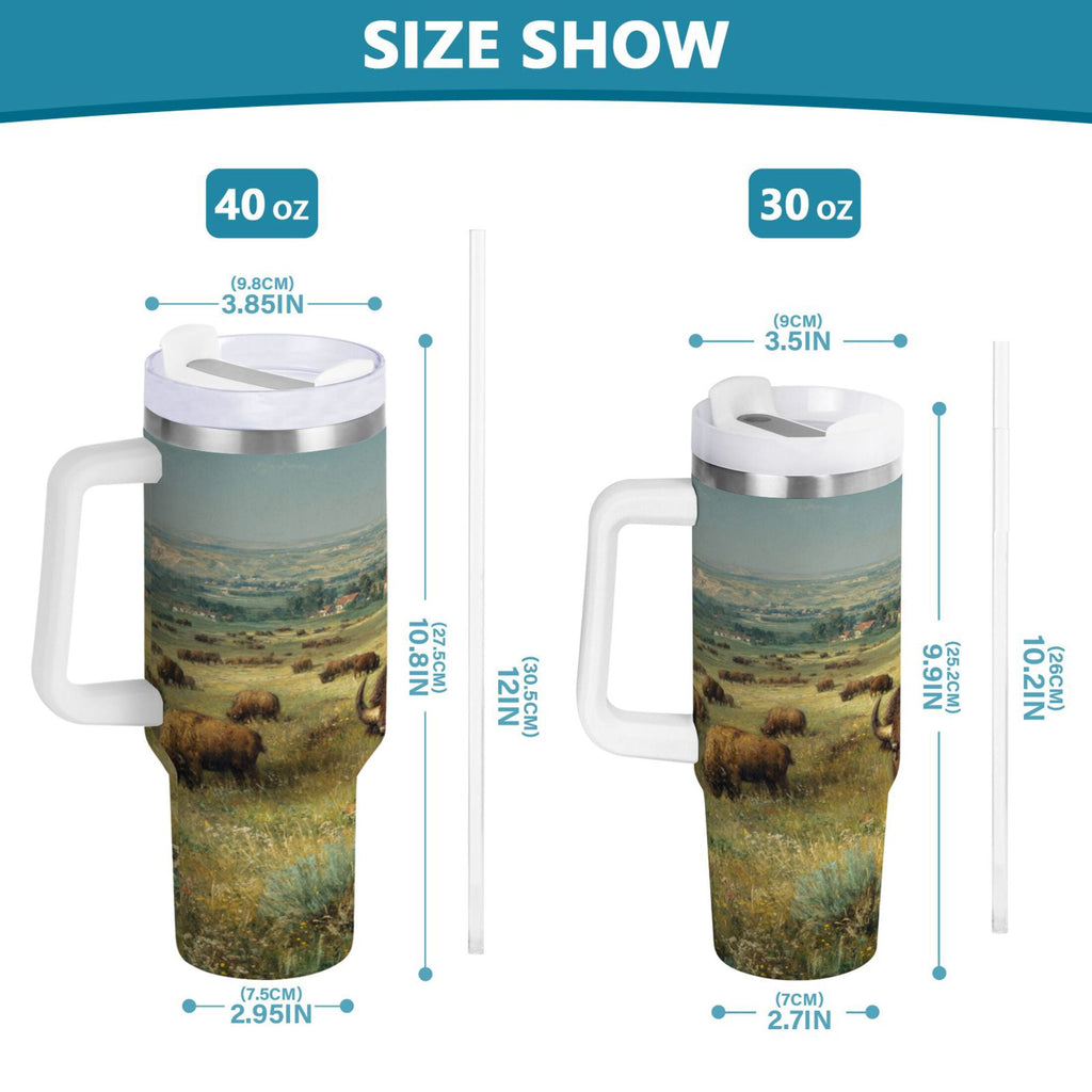30 oz Insulated Stainless Steel Tumbler Double Wall Stainless Steel Tumbler with 2-Way Drinking Buffalo Herd Oil Painting C660X