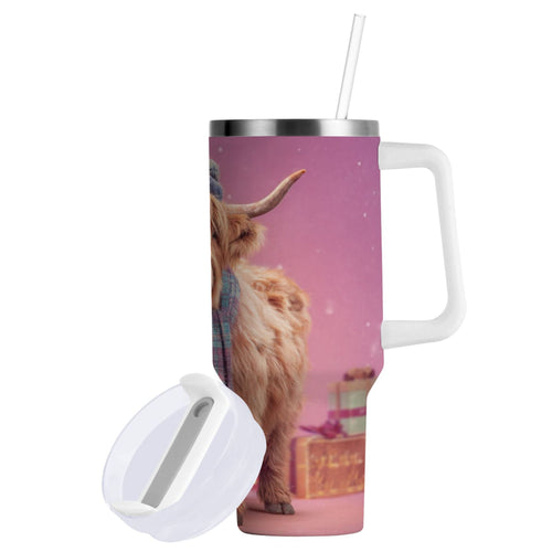 30 oz Insulated Stainless Steel Tumbler Double Wall Stainless Steel Tumbler with 2-Way Drinking Cow Wearing Christmas C626V