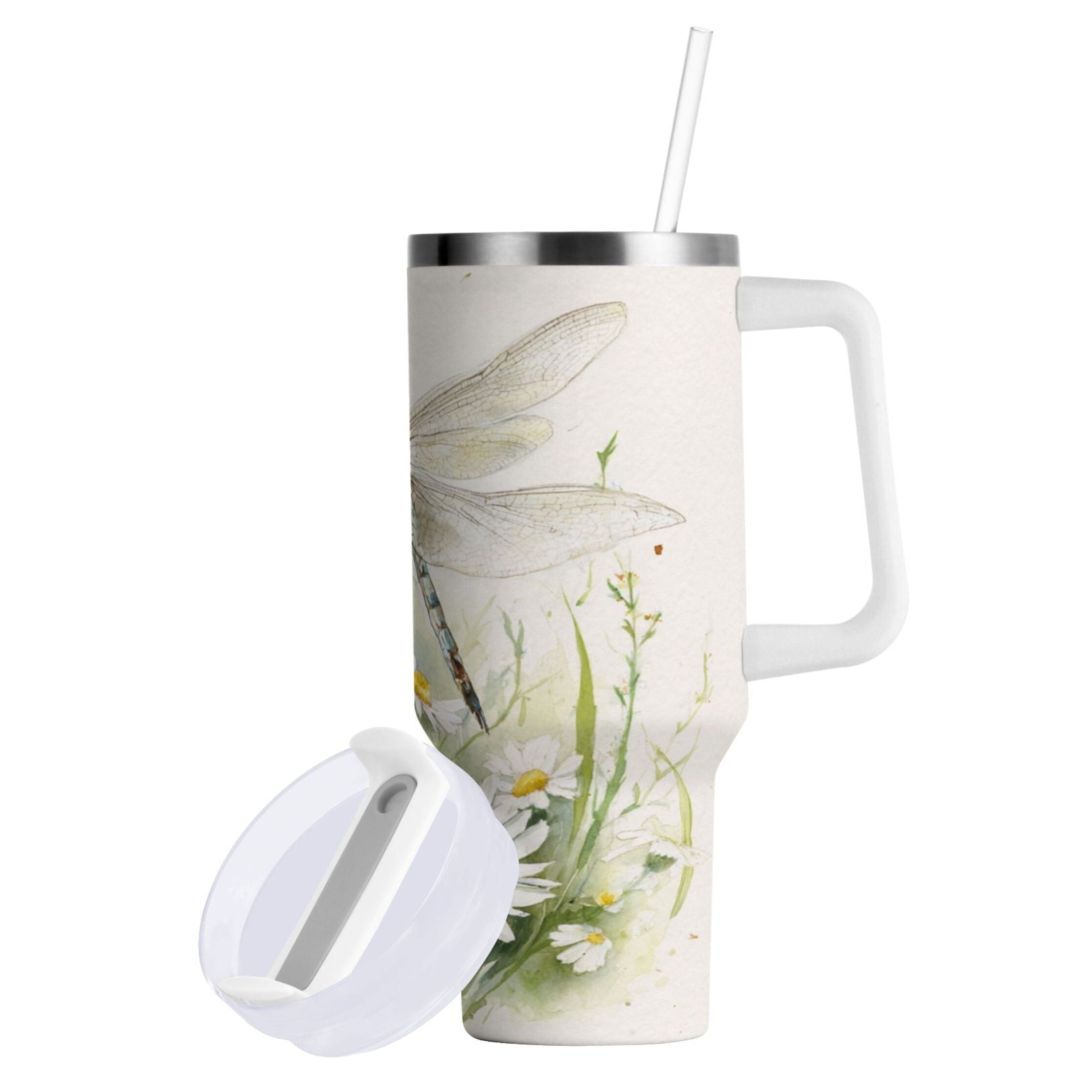 30 oz Insulated Stainless Steel Tumbler Double Wall Stainless Steel Tumbler with 2-Way Drinking Dragonflies with White Daisies C655G