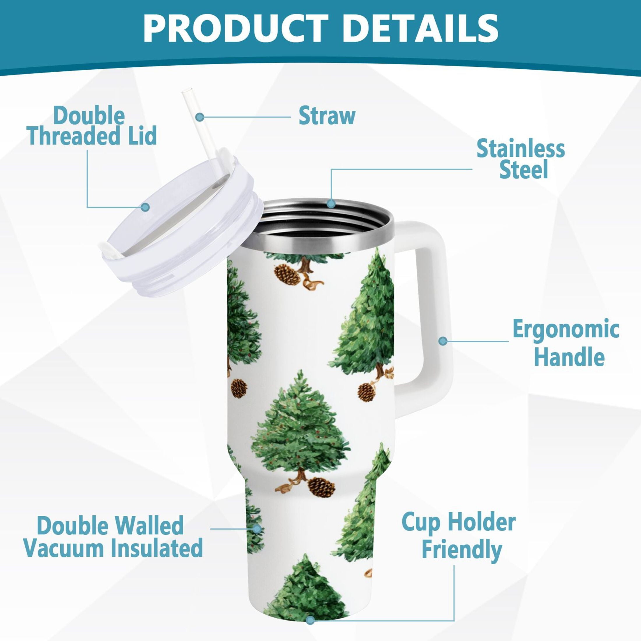 30 oz Insulated Stainless Steel Tumbler Double Wall Stainless Steel Tumbler with 2-Way Drinking Watercolor Green Christmas Tree C533G
