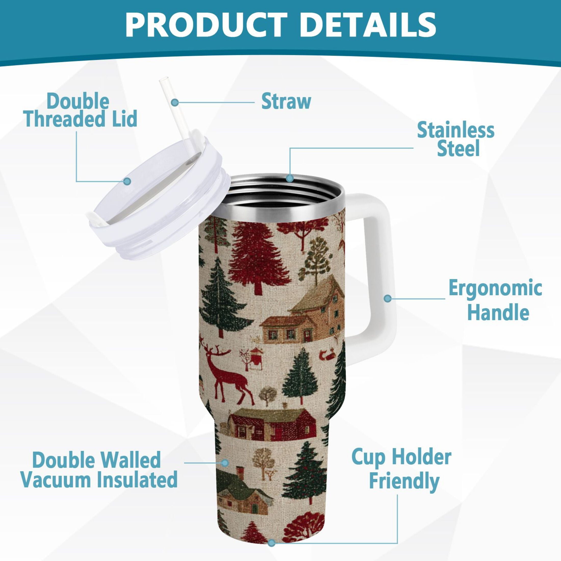 30 oz Insulated Stainless Steel Tumbler Double Wall Stainless Steel Tumbler with 2-Way Drinking Christmas Trees Deer and Houses C577W