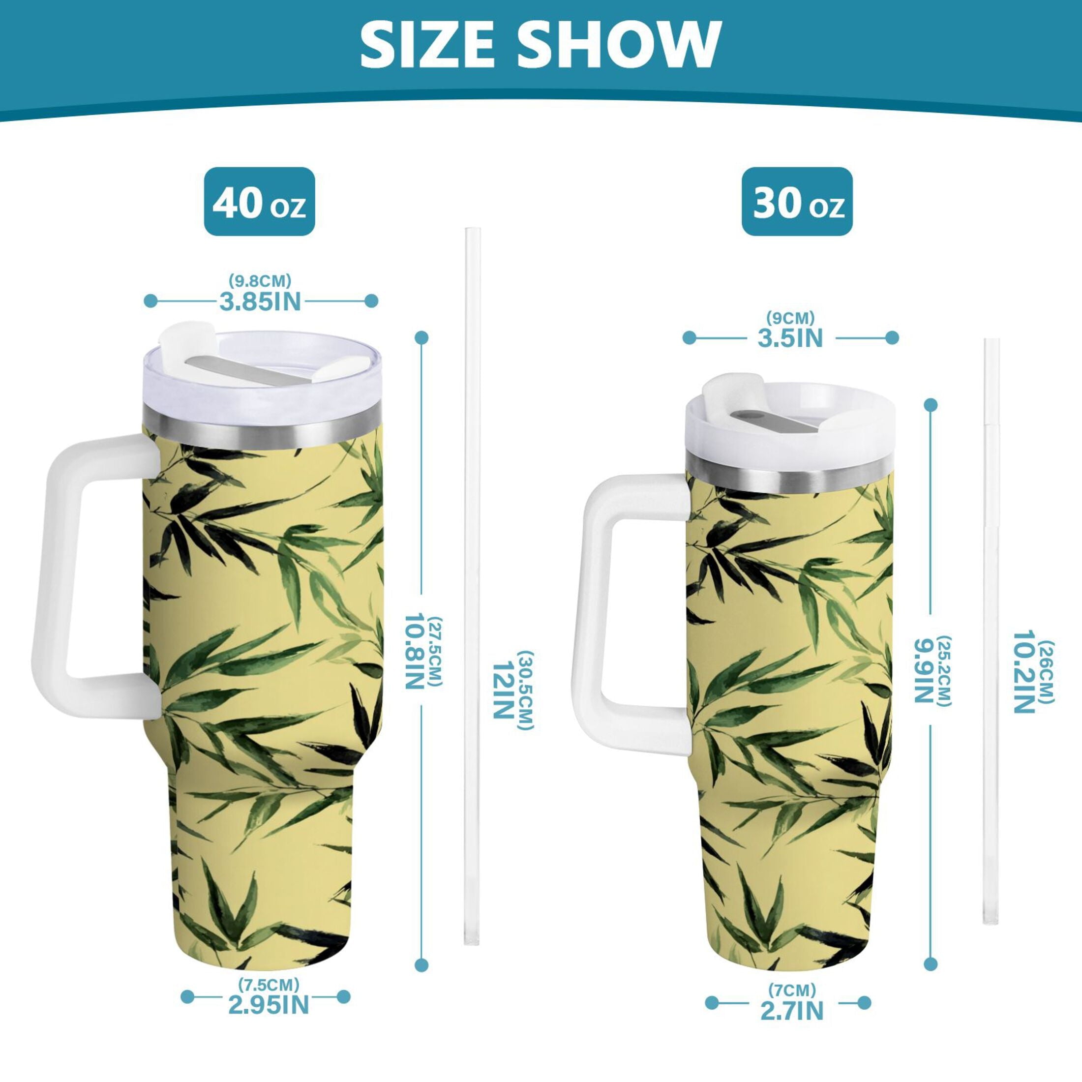 30 oz Insulated Stainless Steel Tumbler Double Wall Stainless Steel Tumbler with 2-Way Drinking Bamboo and Green Leaves C633Y